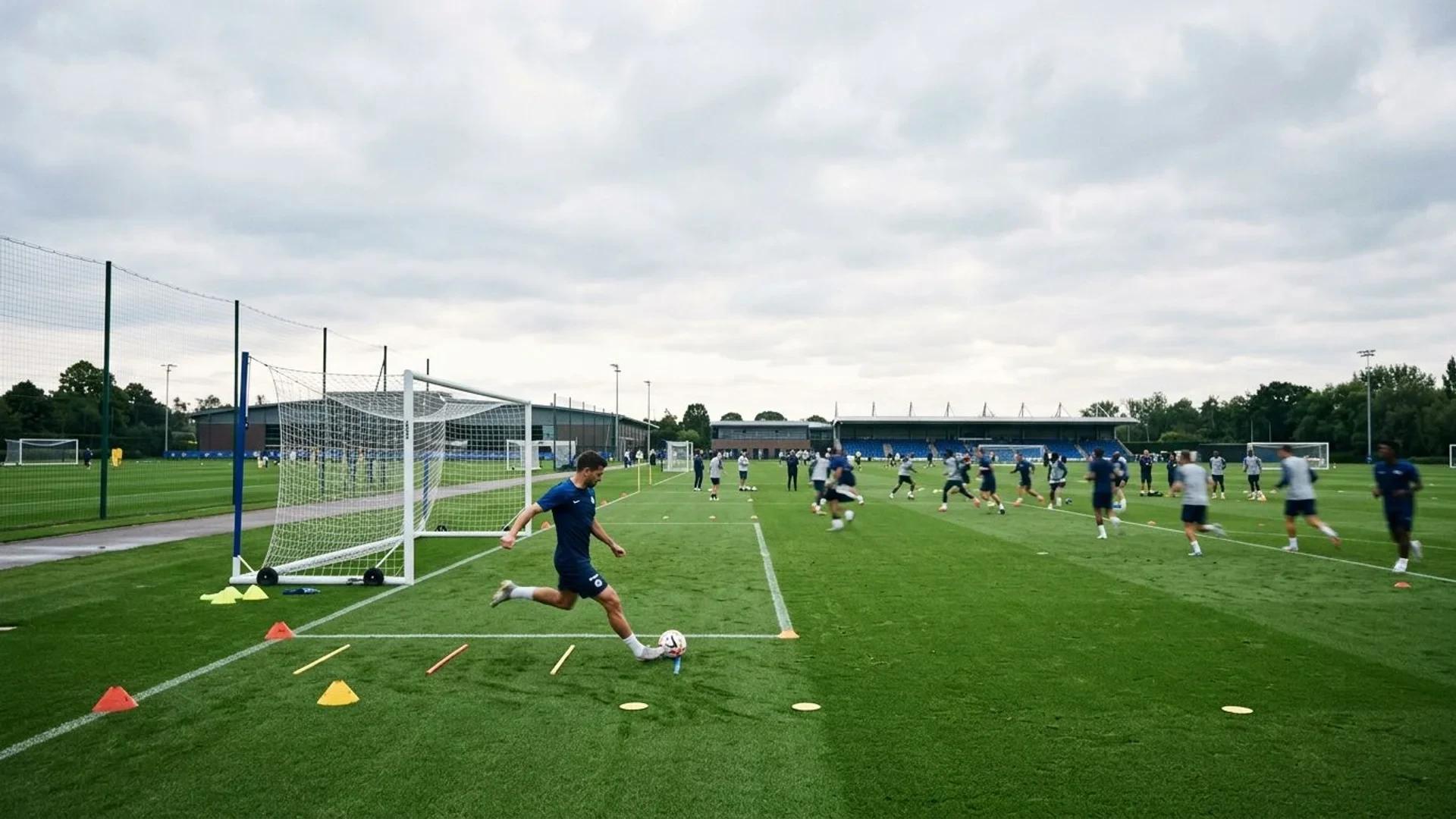 A football player in a Chelsea training kit practices shots on a training pitch under a cloudy sky.