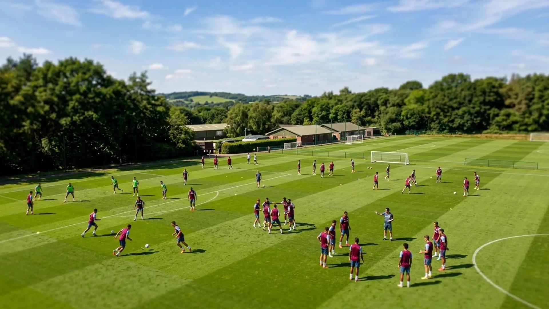 Oversiktsbilde av Aston Villa-spillere som trener på en fotballbane.