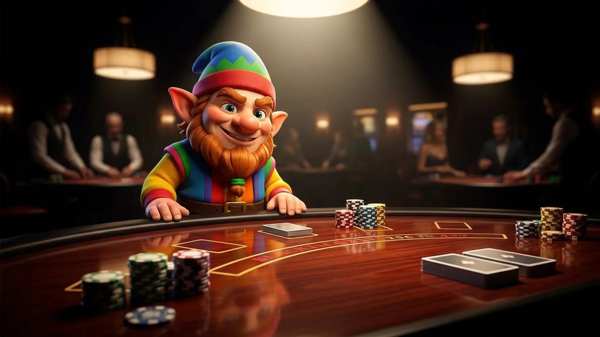 A NordicSpins mascot interacting at a blackjack table in a casino setting.