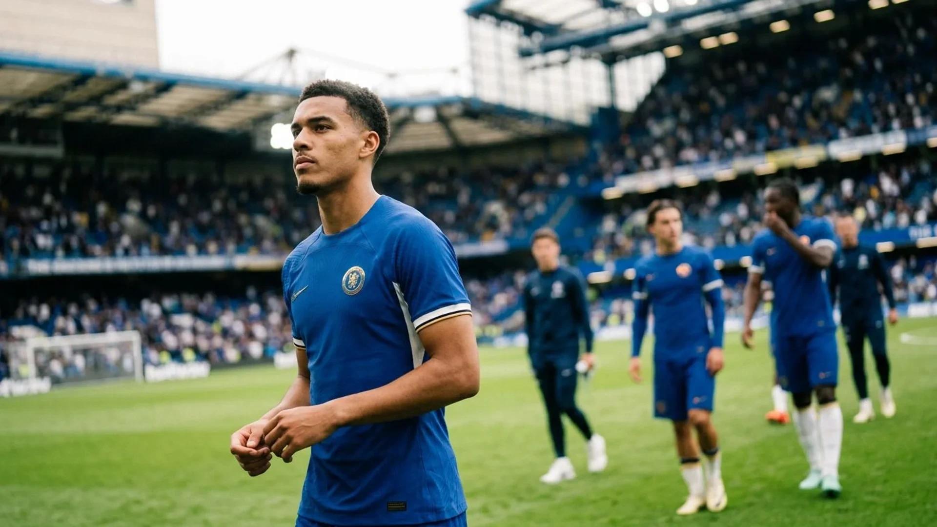 Morgan Rogers stands focused on the football pitch, with teammates slightly blurred in the background.