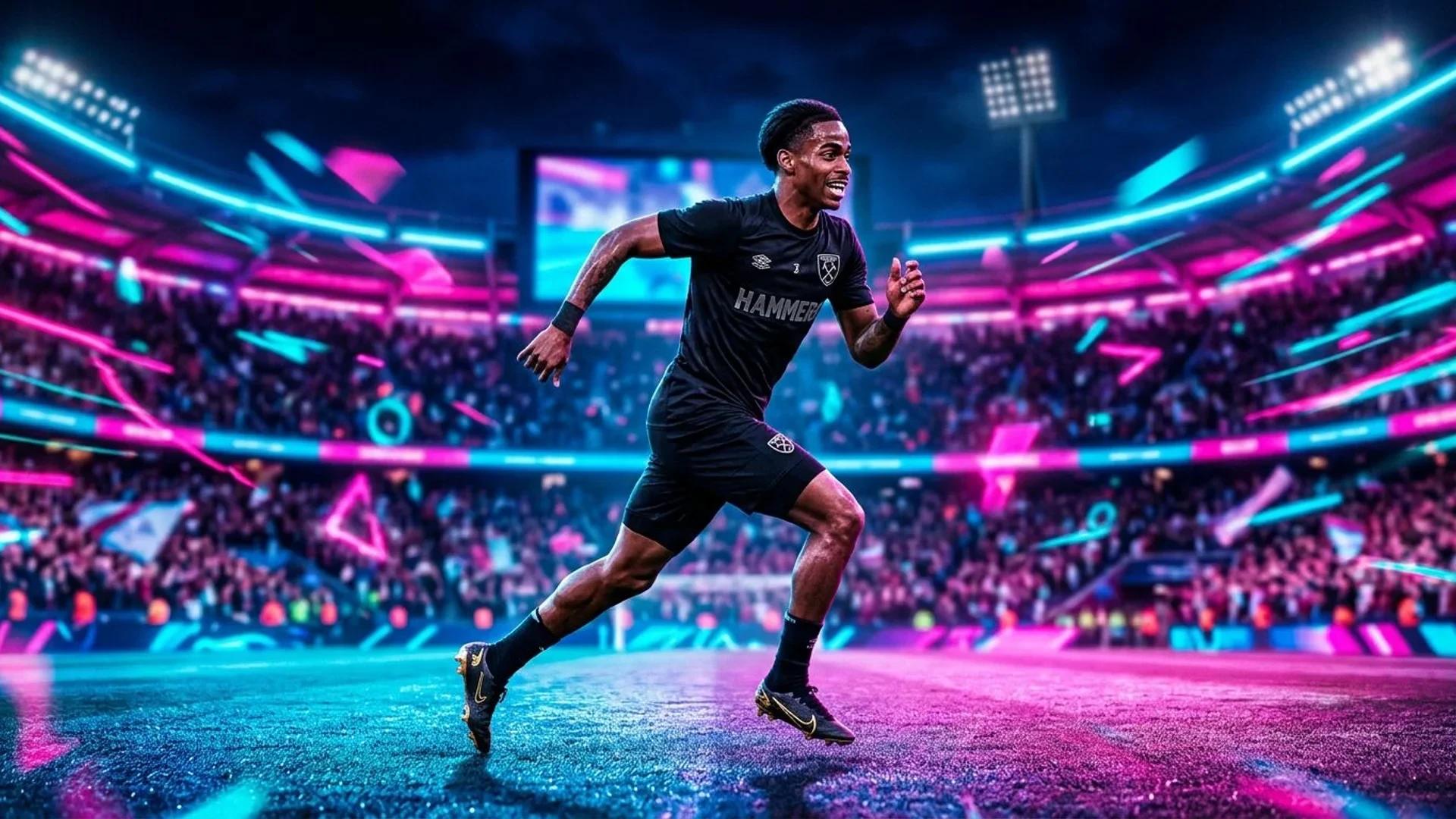Crysencio Summerville in motion at a football training session, illuminated by vibrant neon lights.