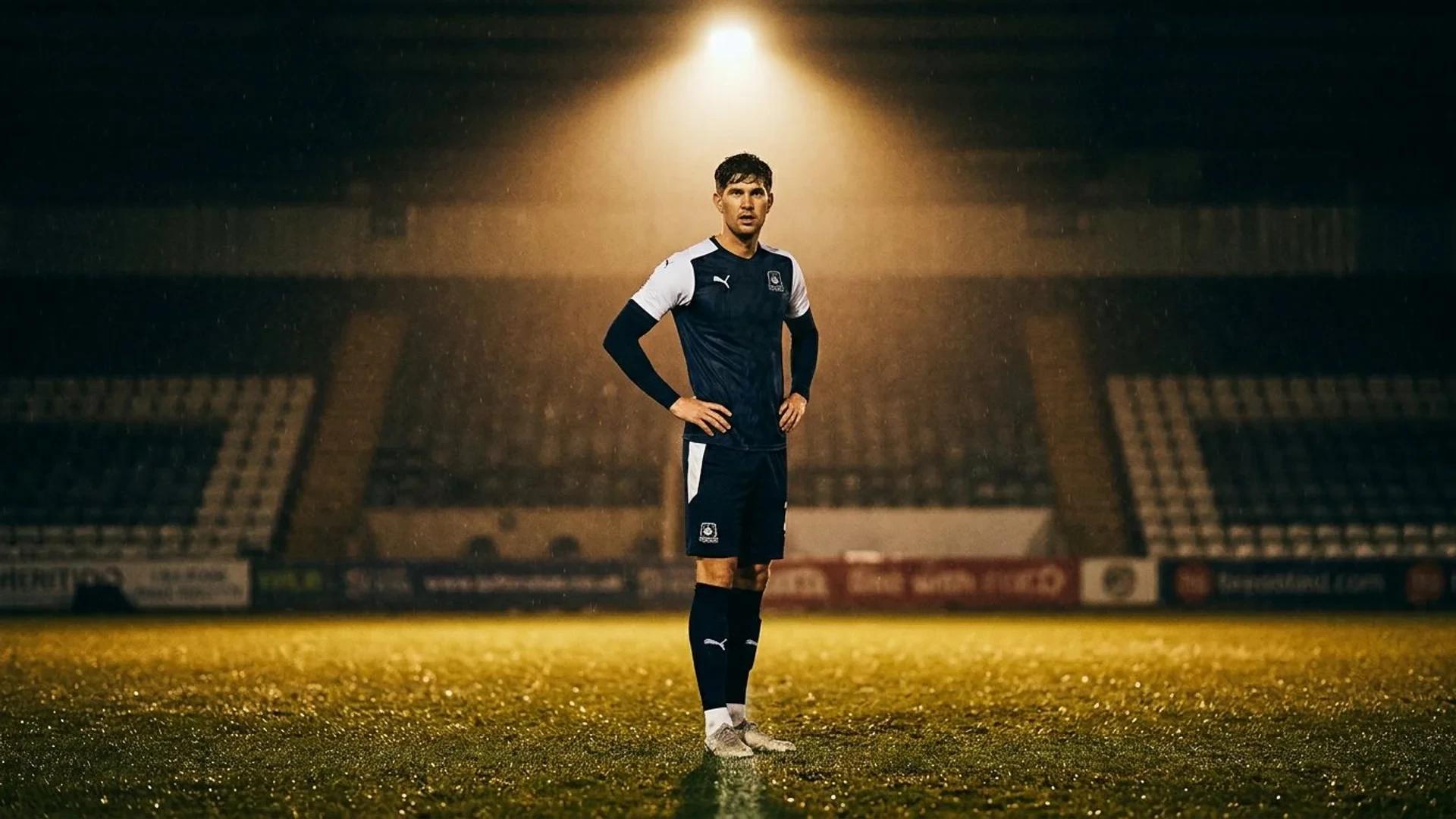 A low-angle shot of a determined John Stones illuminated by a spotlight on a dark football pitch.