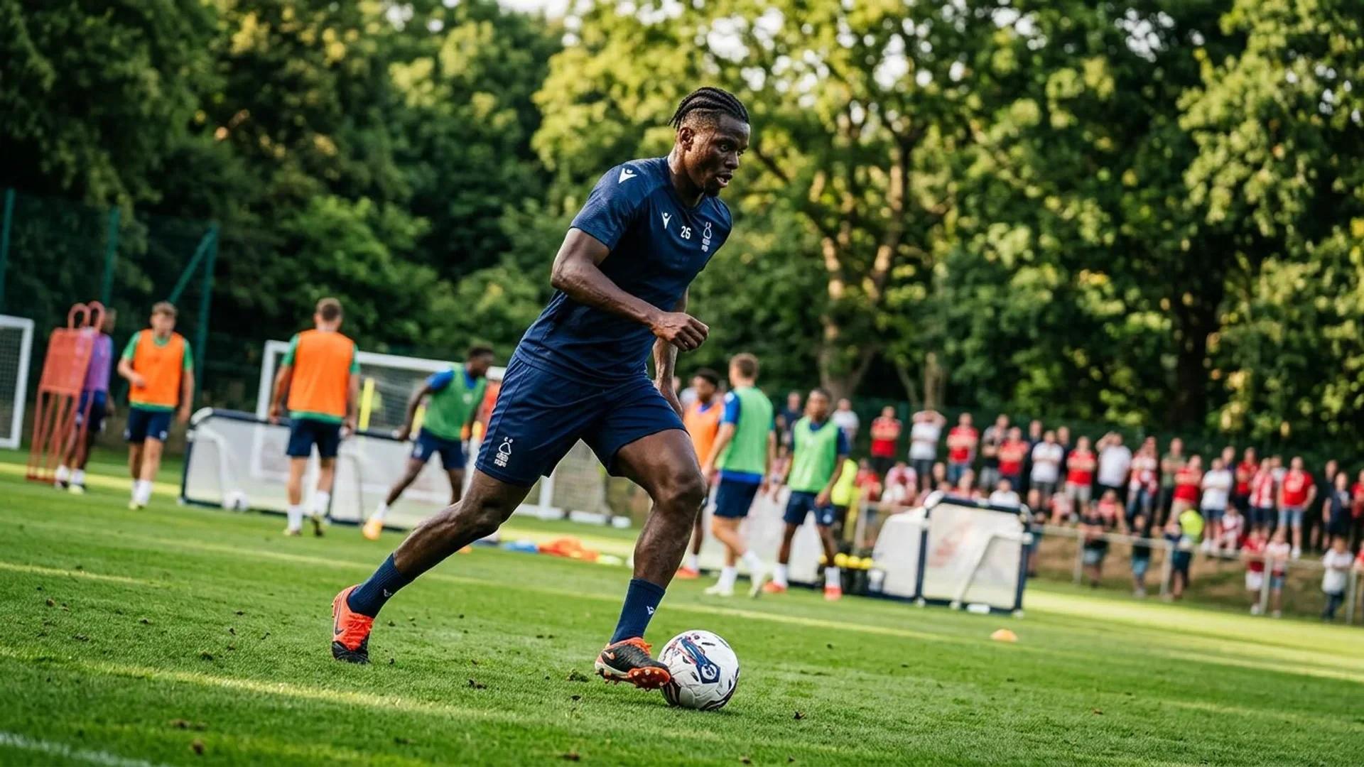 Ousmane Diomande practicing on the training ground in Nottingham, captured in a dynamic angle.