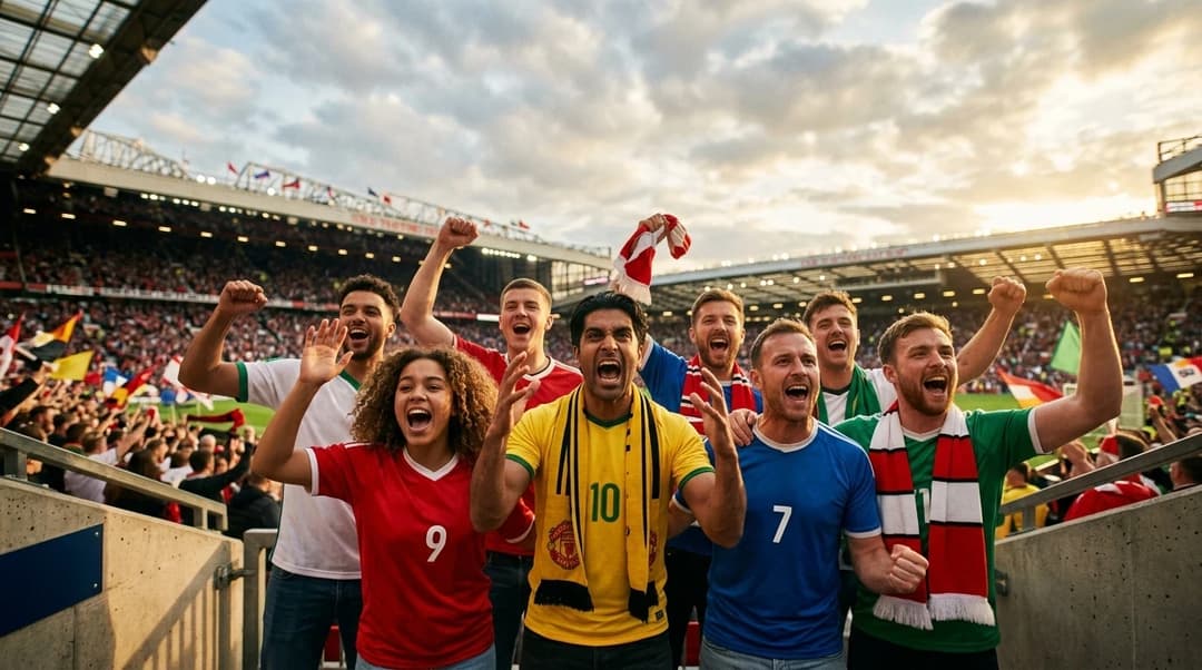 Fotballfans uttrykker sin entusiasme med sollys som skinner ned på dem.