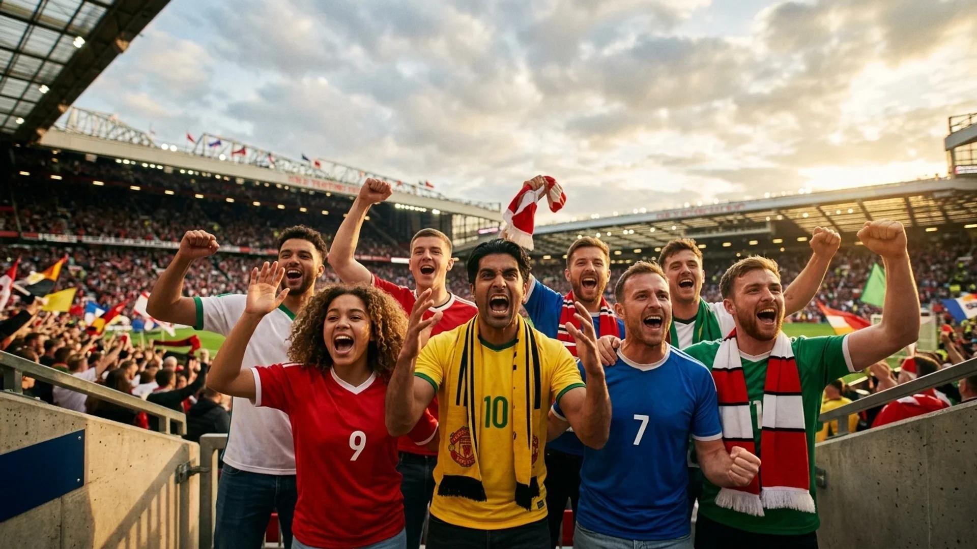 Fotballfans uttrykker sin entusiasme med sollys som skinner ned på dem.