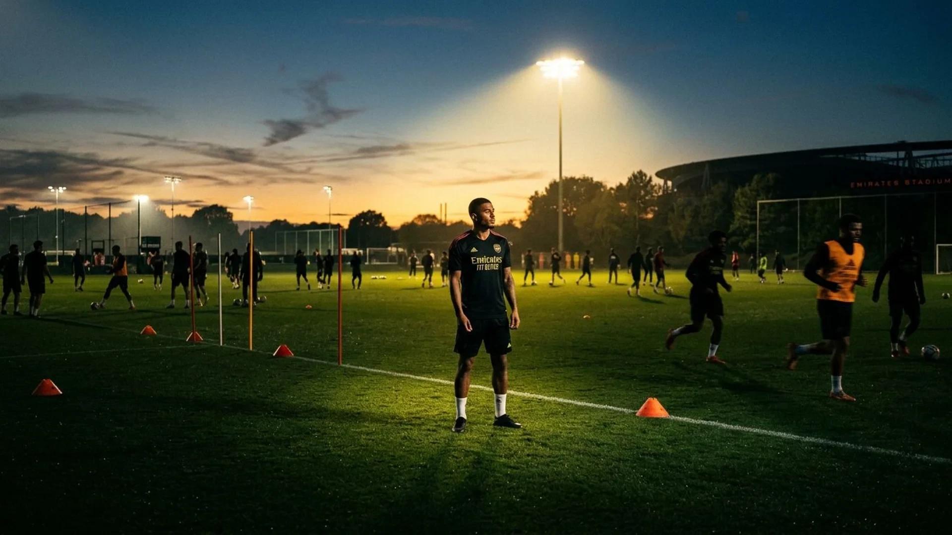 Reiss Nelson training on the pitch under a spotlight at dusk, surrounded by blurred teammates.