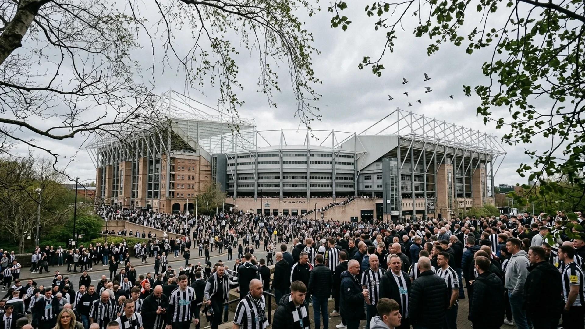 A wide shot of St. James' Park with layered foreground branches and fans gathered.