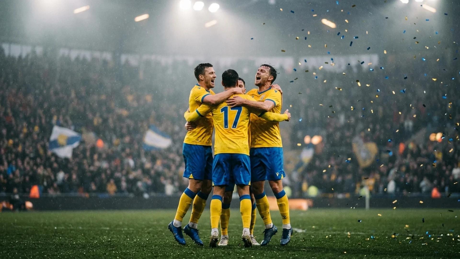 Mjällby AIF players celebrating a goal in a football match.