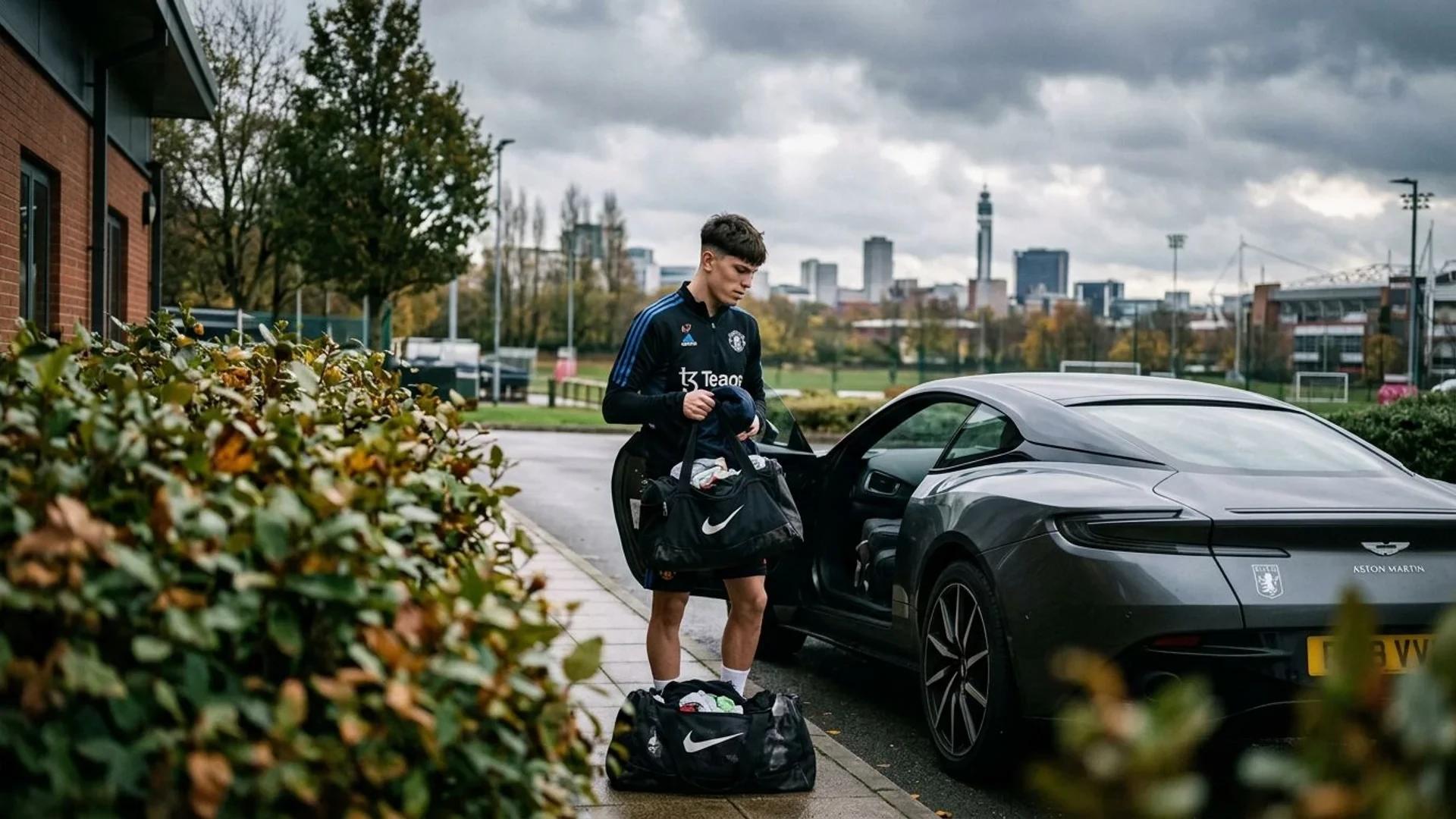 En fotballspiller pakker en koffert ved siden av en bil under en overcast himmel.