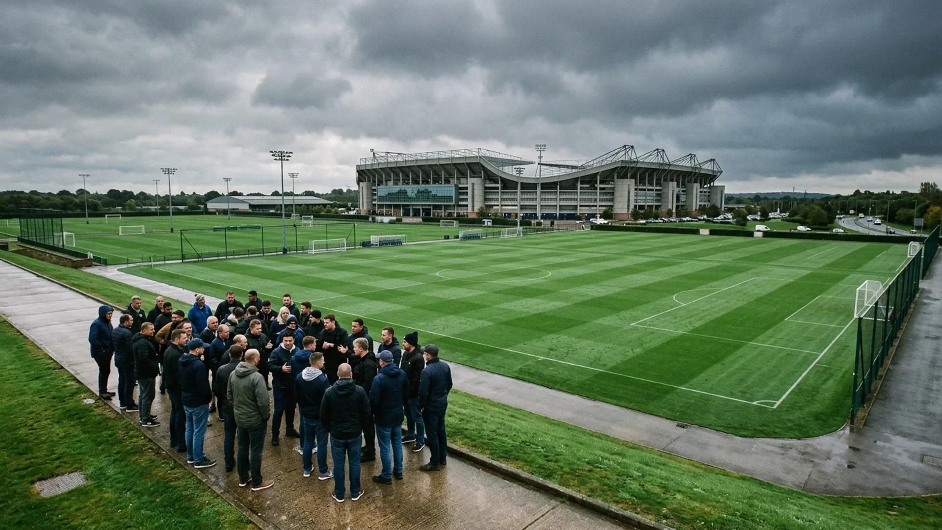 An aerial view of Stamford Bridge football pitch with fans in the distance, under an overcast sky.