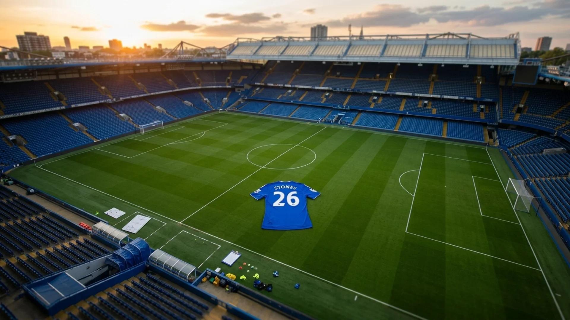 En oversikt av en fotballbane med en blå Chelsea-drakt plassert på gresset.
