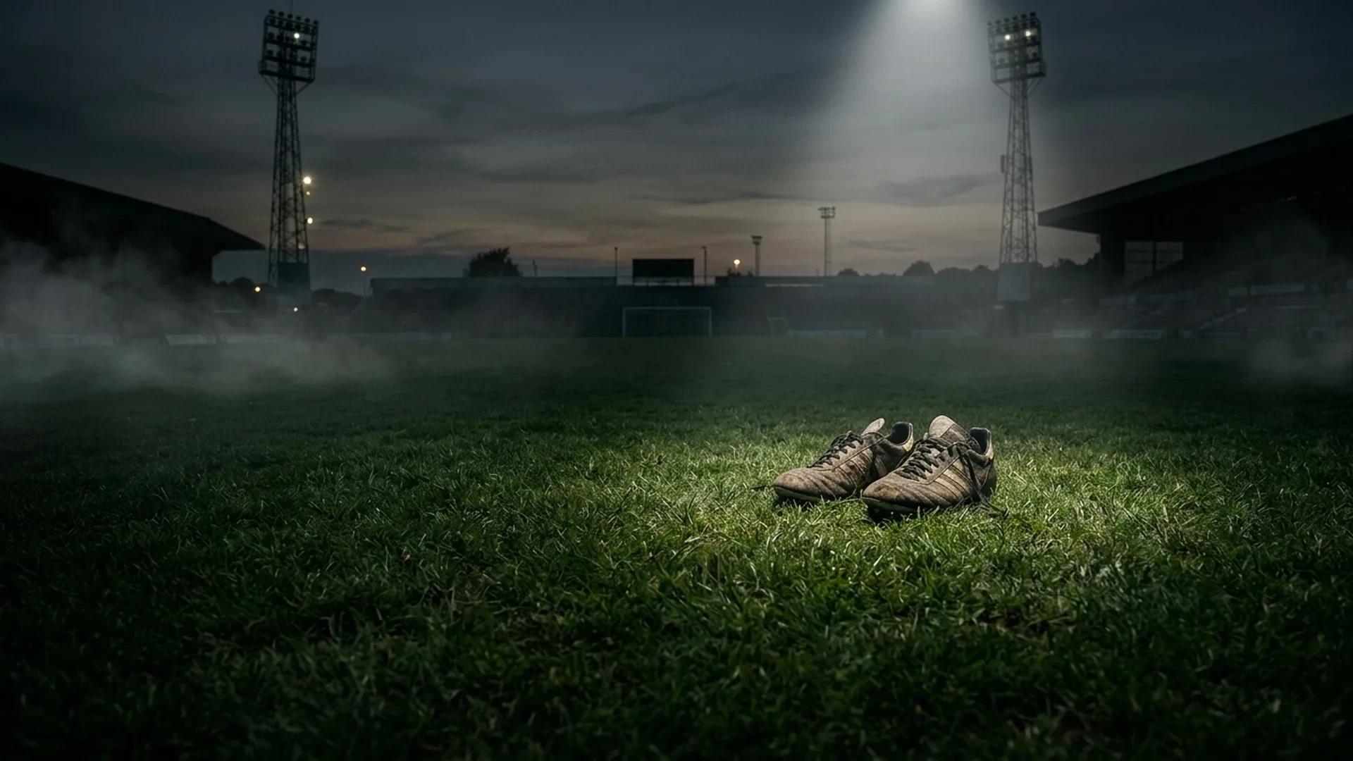 A pair of old football boots illuminated by a single spotlight on an empty football pitch at dusk.