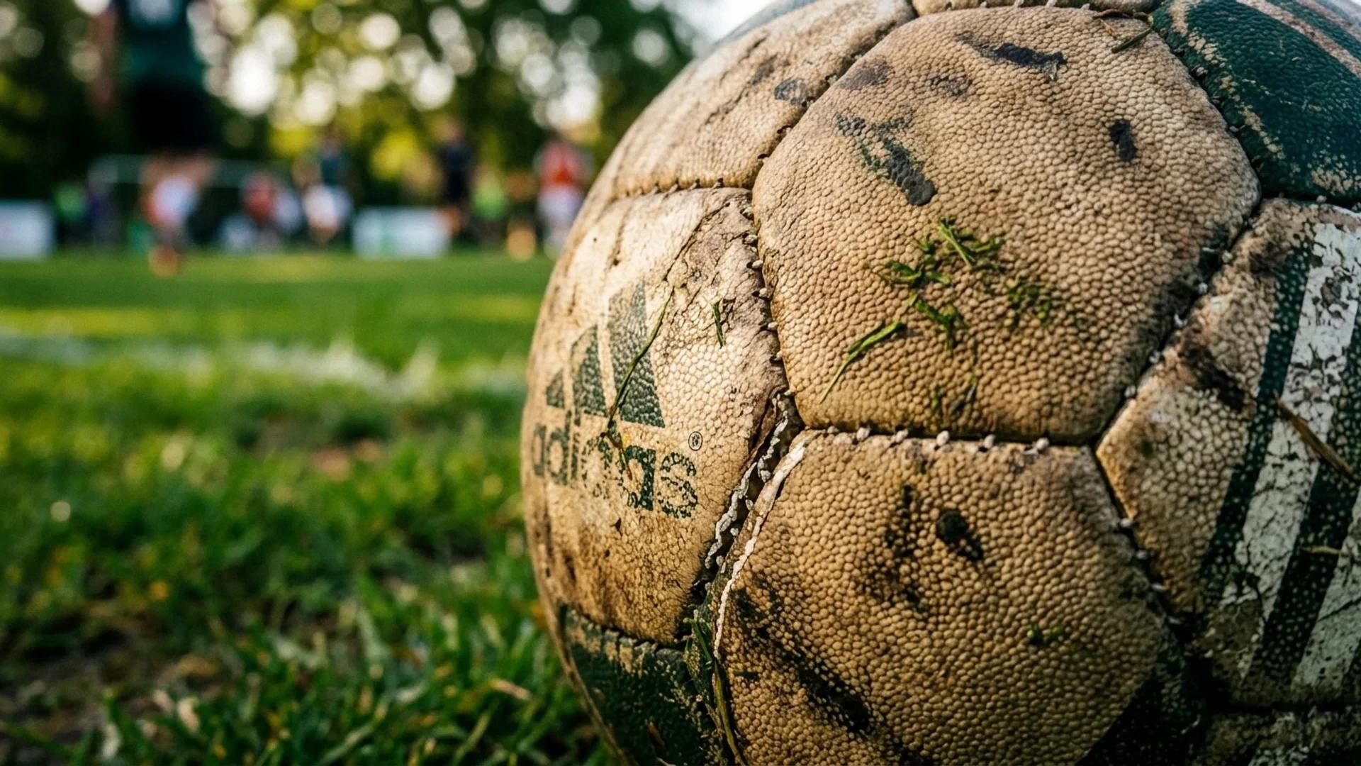 Nærbilde av en brukt fotball på gress.