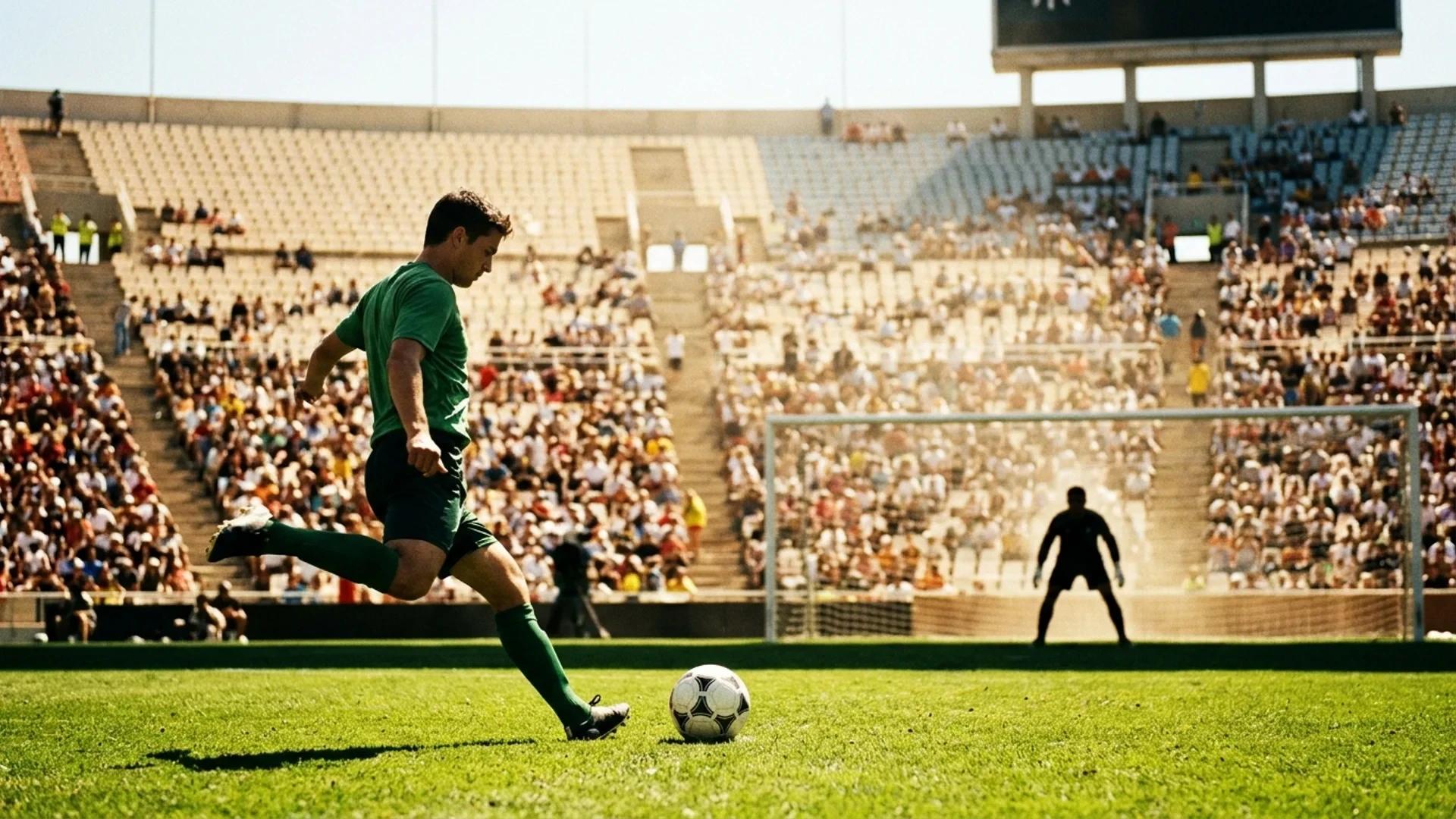A close-up of a player preparing to take a free kick in a sunlit stadium, with shadows casting dramatically on the pitch.