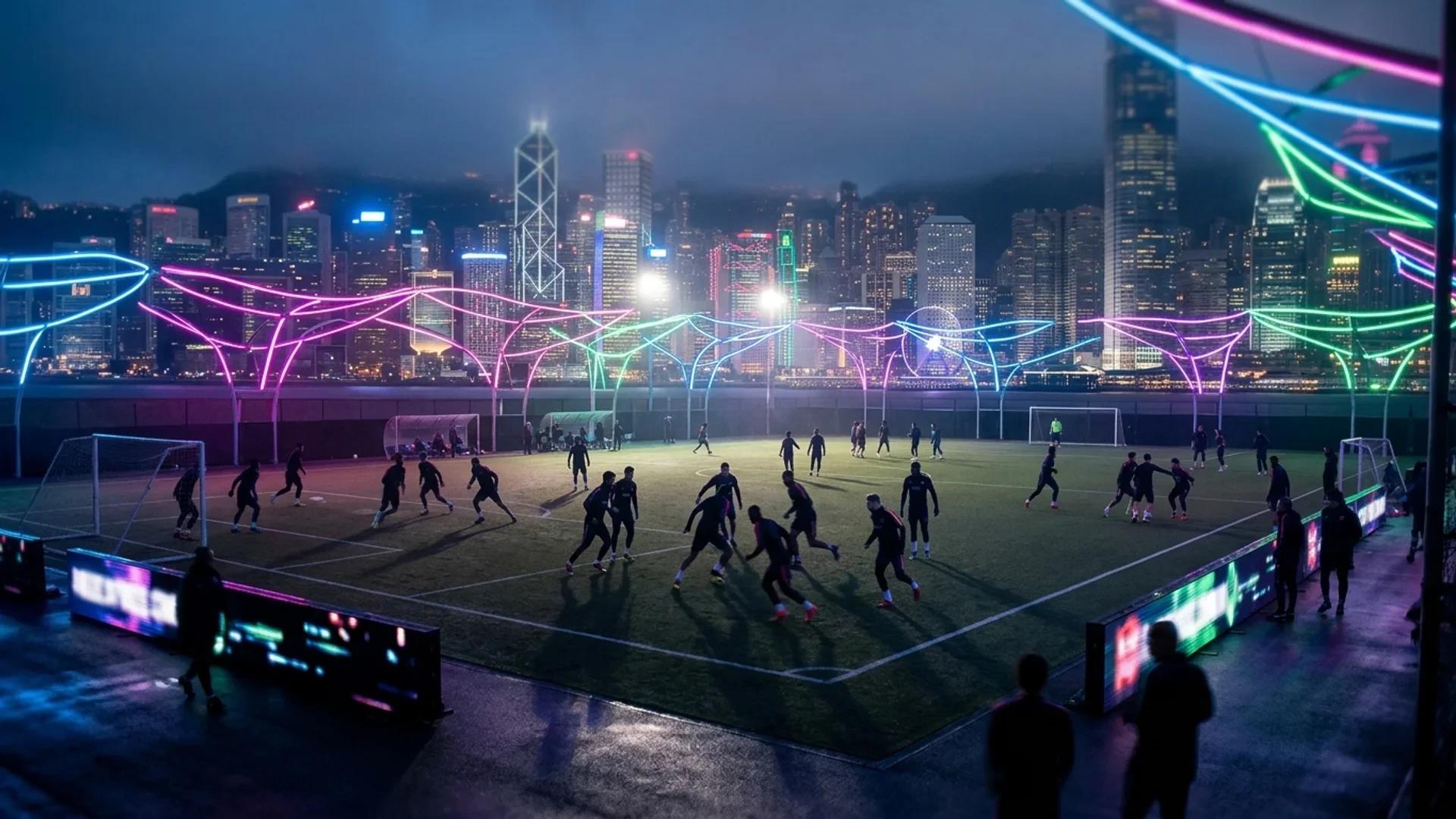 Wide shot of Liverpool players training under colorful neon lights at dusk.