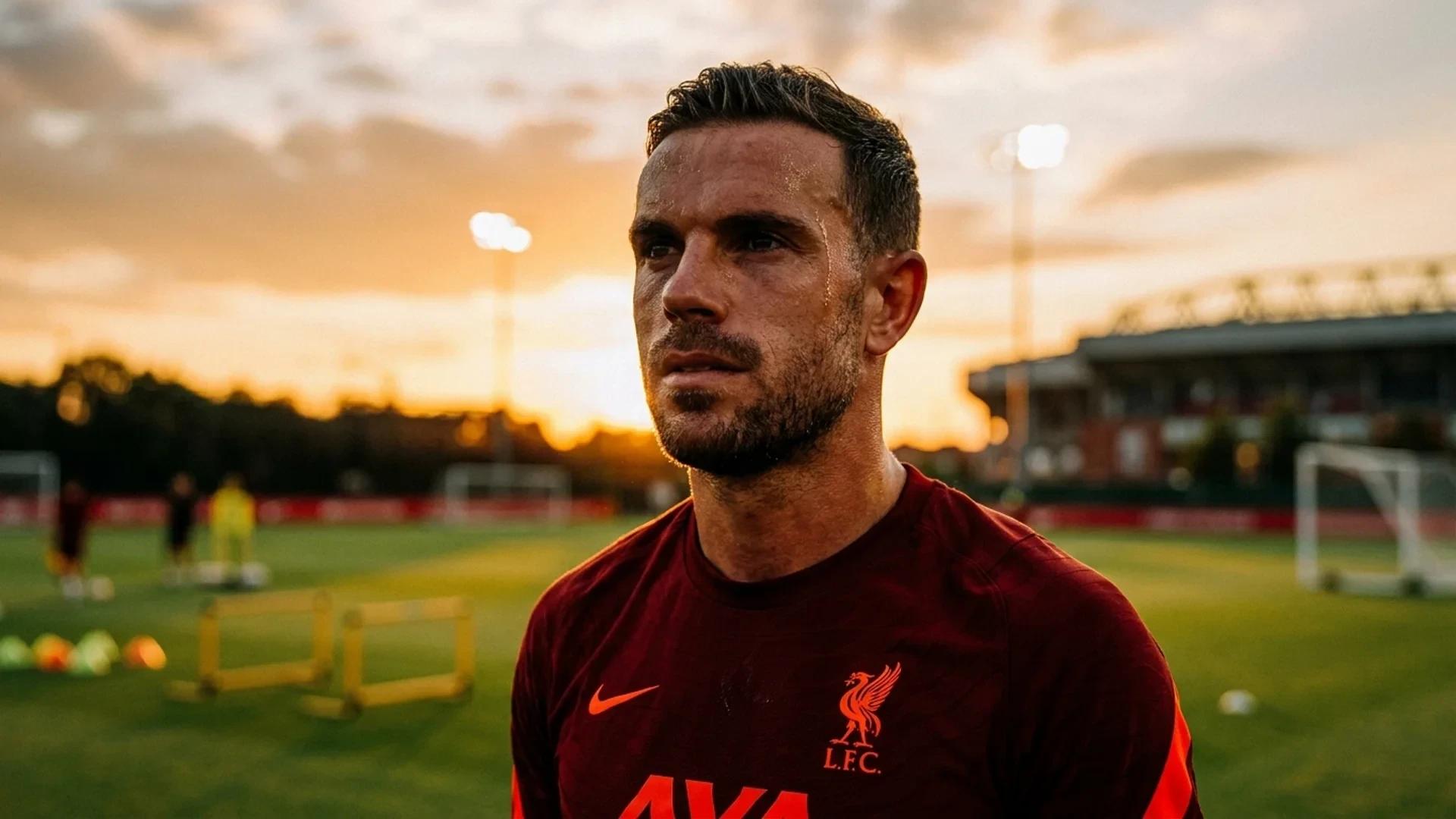 Close-up of a Liverpool football player with golden hour backlight, showing determination.