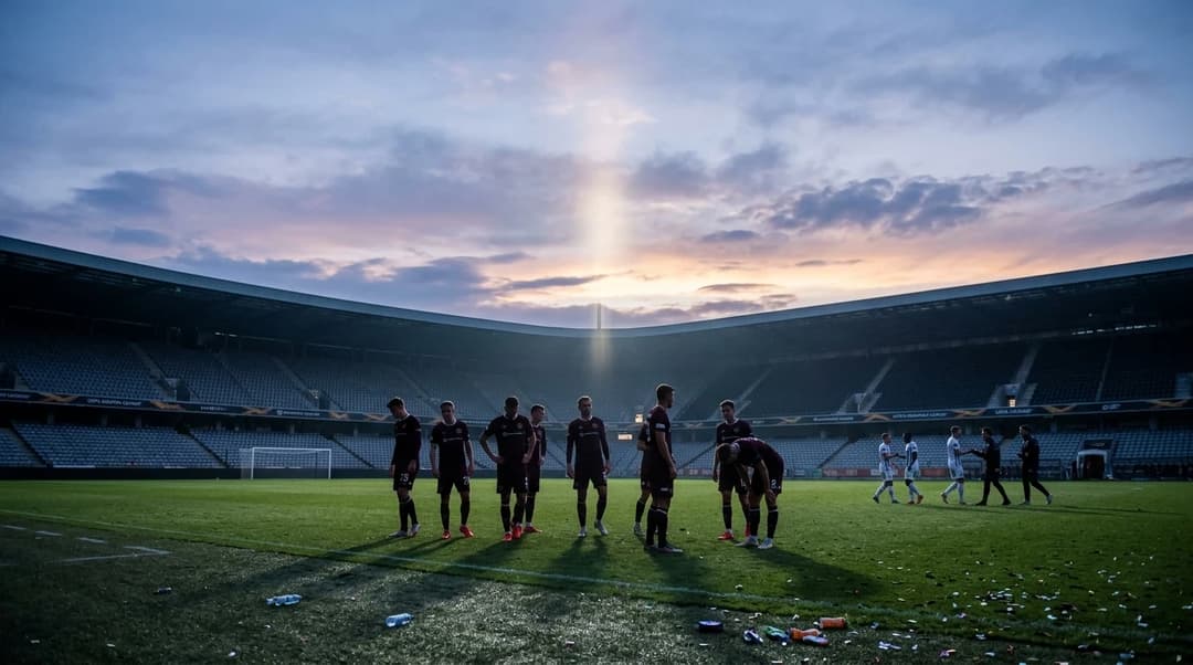 En gruppe fotballspillere fra Hearts står skuffet på banen etter et tap.