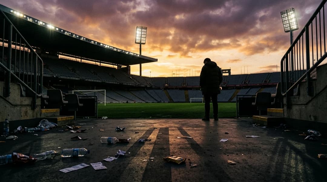 A low-angle view of an empty football stadium during golden hour with a solitary figure reflecting on the match.
