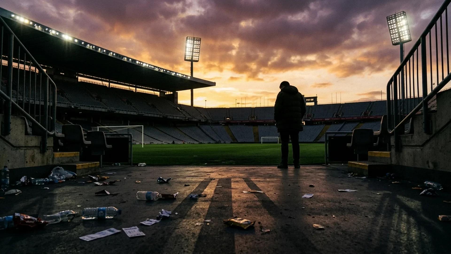 A low-angle view of an empty football stadium during golden hour with a solitary figure reflecting on the match.