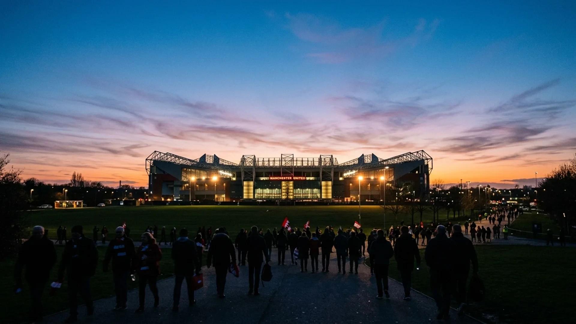A wide-angle view of Old Trafford at dusk, showcasing the stadium's silhouette against a twilight sky.