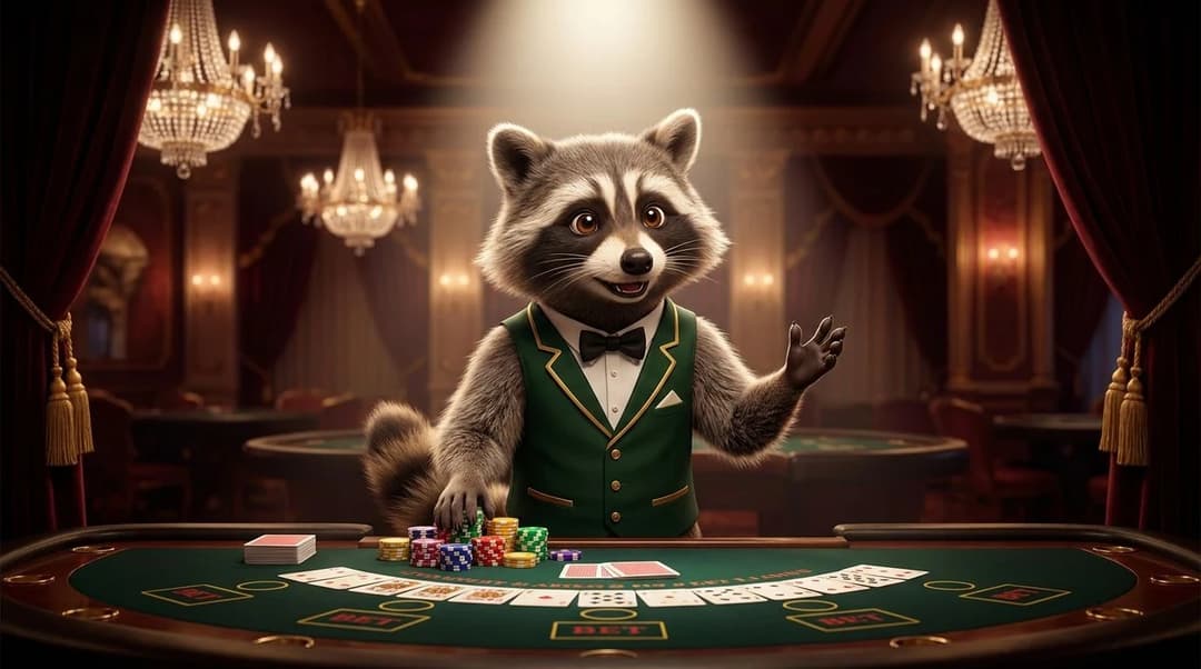 A raccoon mascot stands behind a casino table with cards and chips, in a luxurious casino setting.