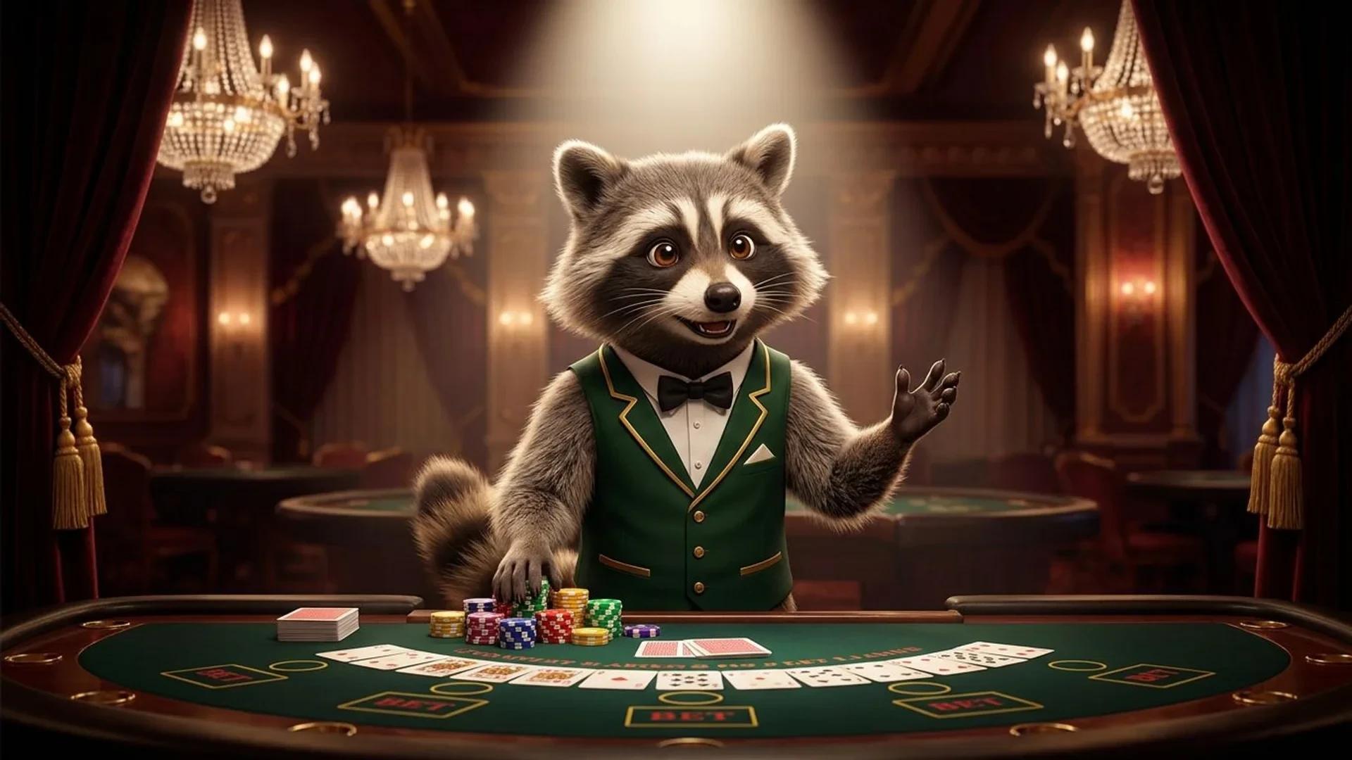 A raccoon mascot stands behind a casino table with cards and chips, in a luxurious casino setting.