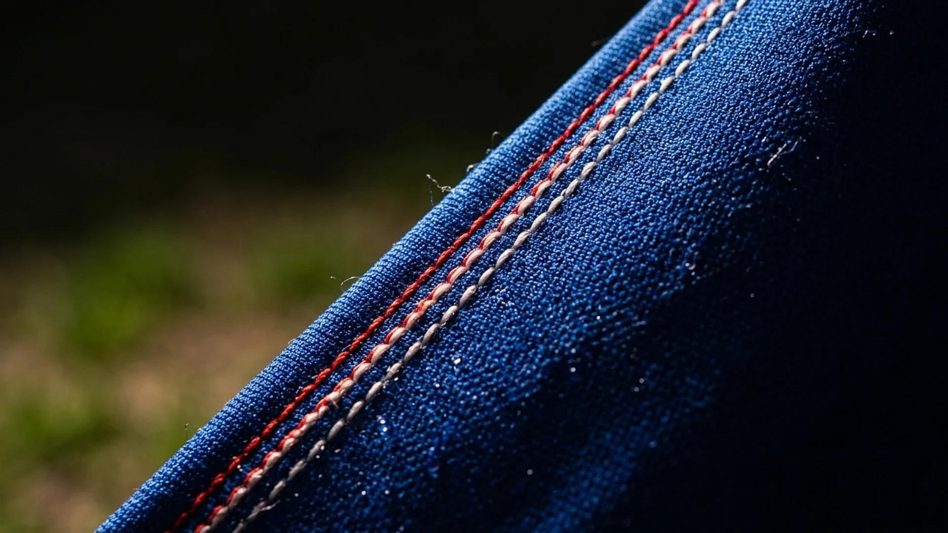 Close-up of a royal blue fabric swatch showing intricate stitching.