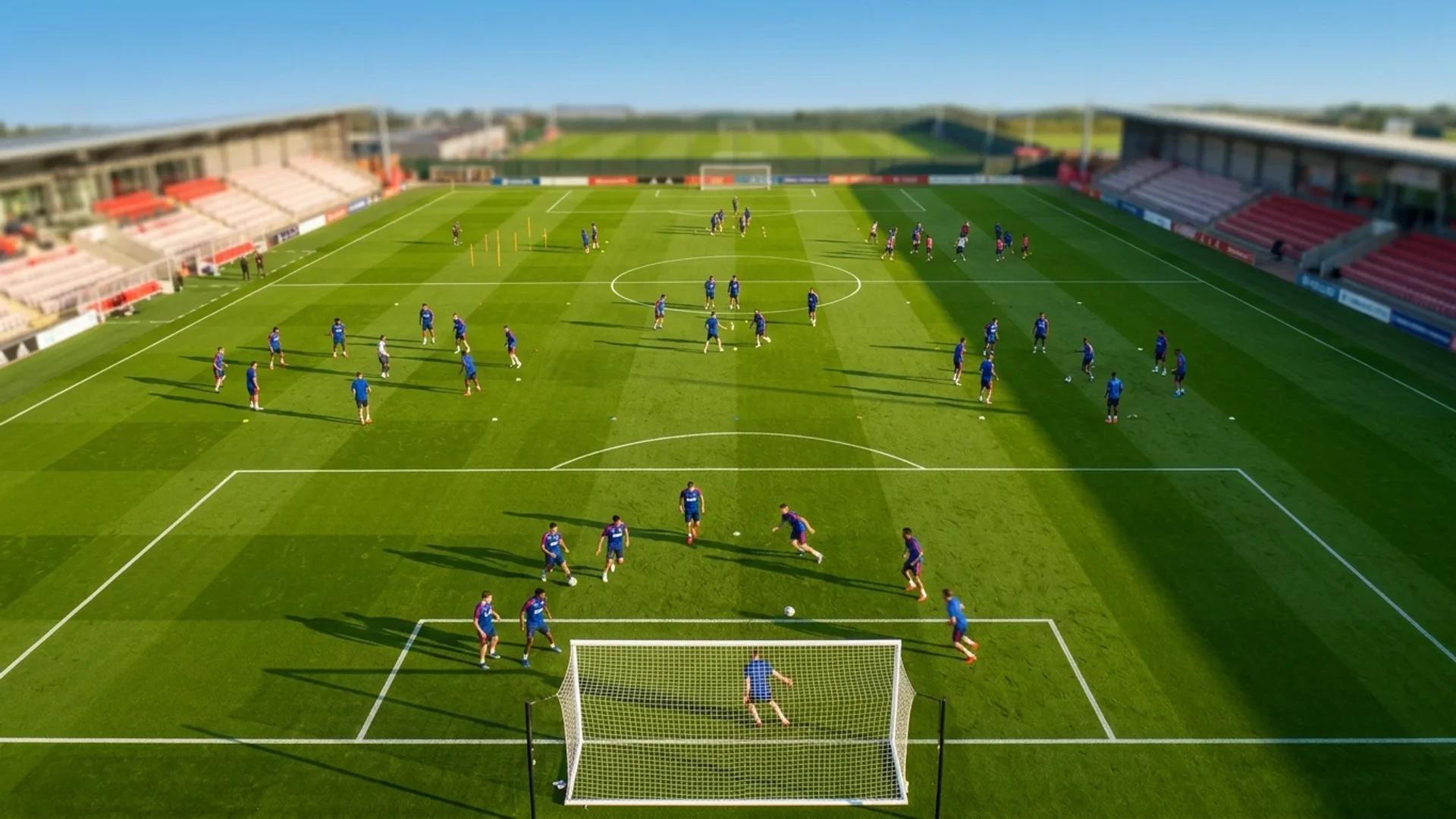 Overhead view of Manchester United players in royal blue jerseys practicing on a training pitch.