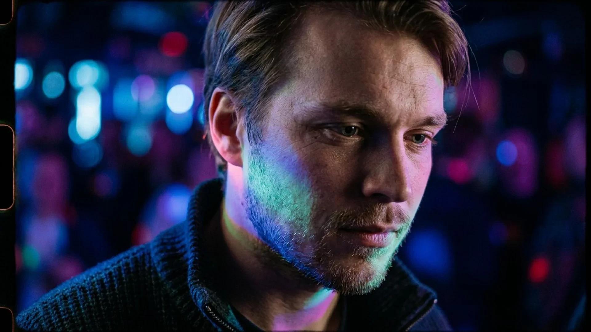 Nærbilde av Santeri Väänänen med neonbelysning, som formidler en følelse av refleksjon.