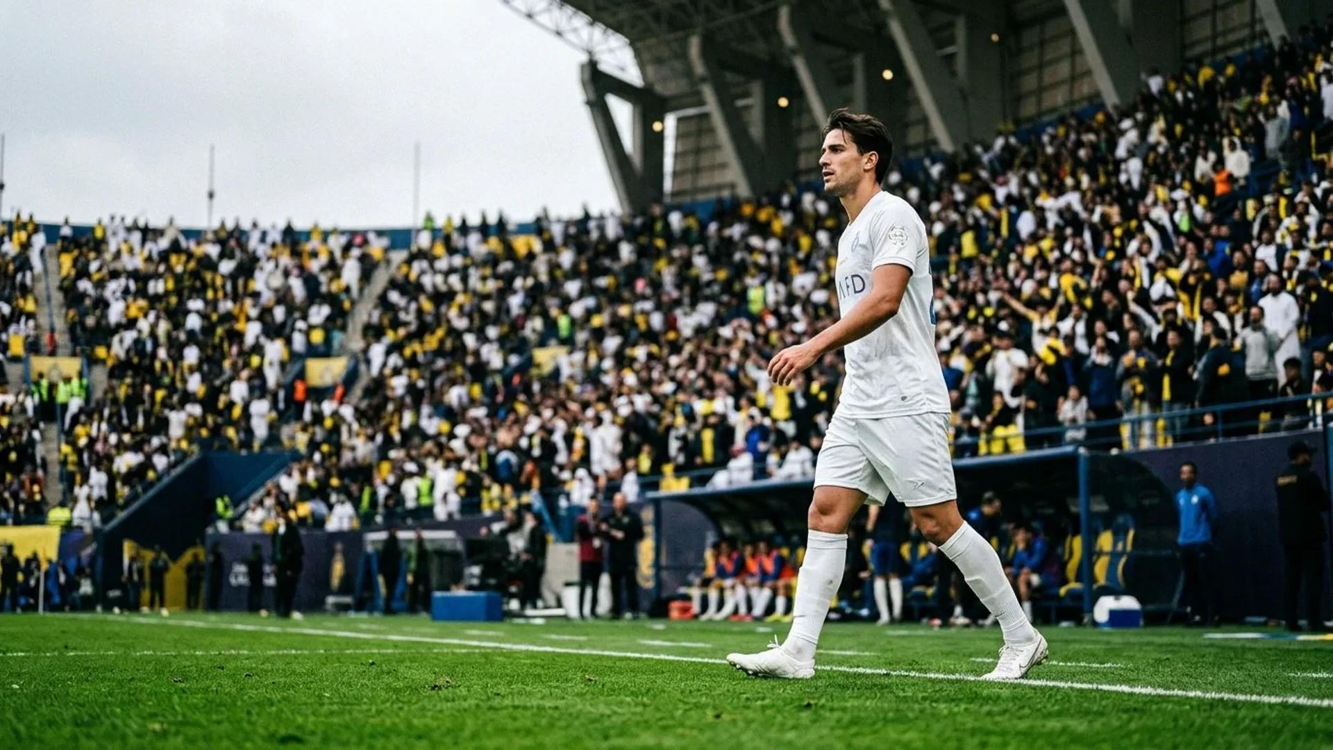 Samu Costa in a football kit stands on the pitch with a determined expression, captured from a low angle.