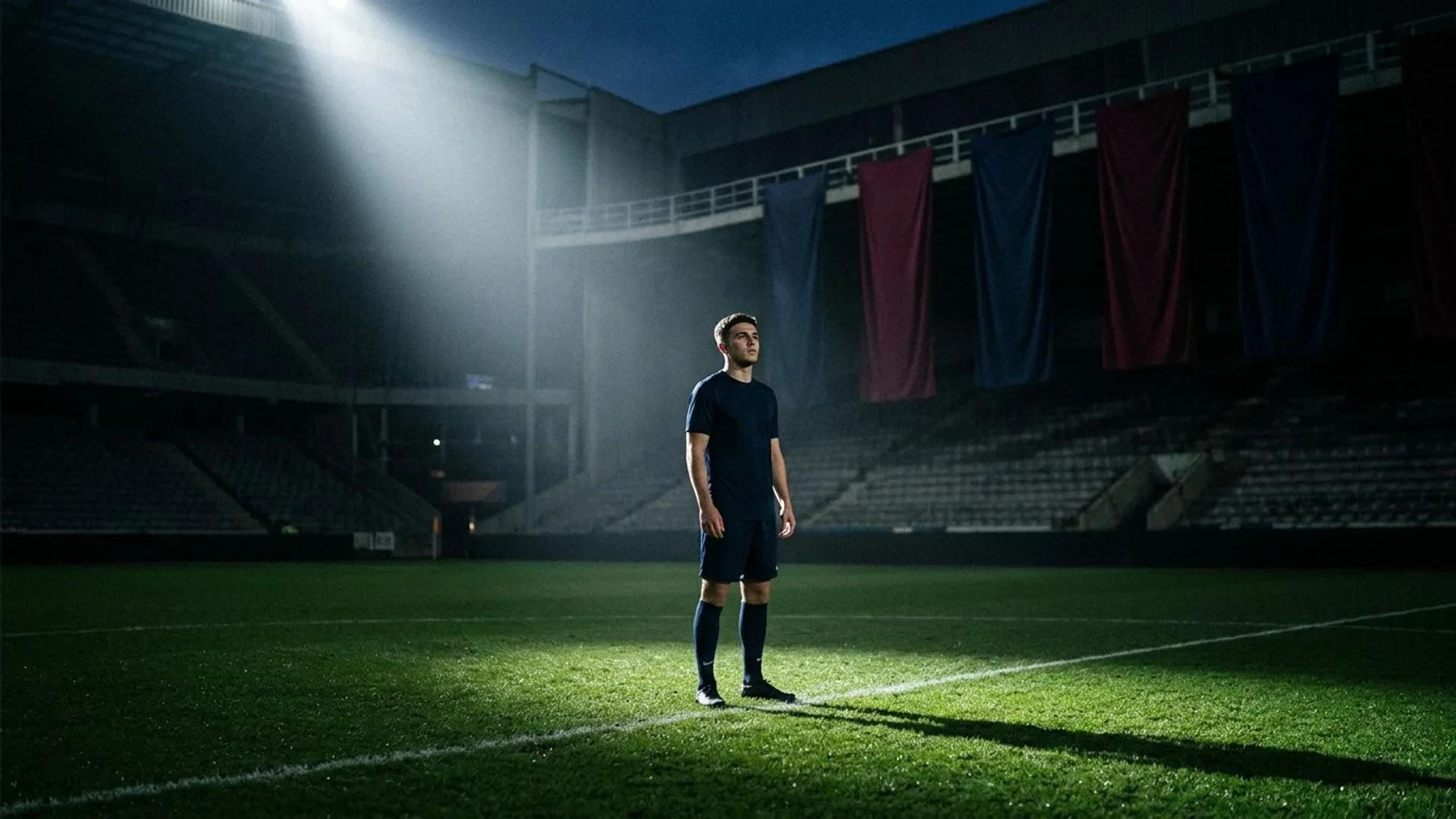 En ung fotballspiller står på banen, belyst av en spotlight, med tomme tribuner i bakgrunnen.