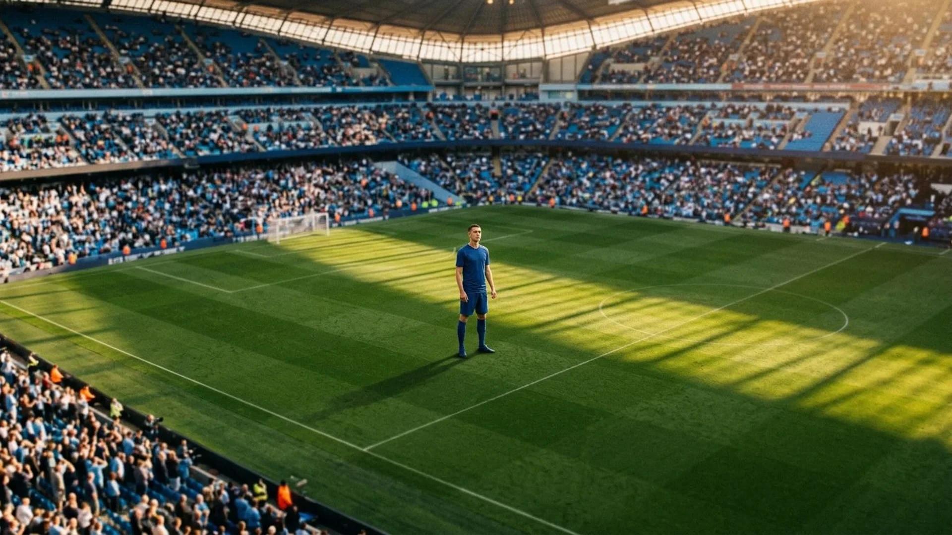 A bird's-eye view of a football player on the pitch during golden hour.