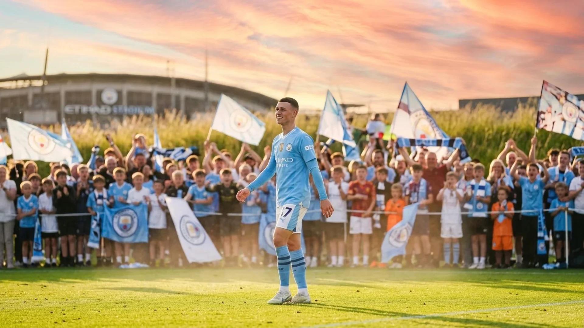 Phil Foden standing on a football pitch during golden hour.