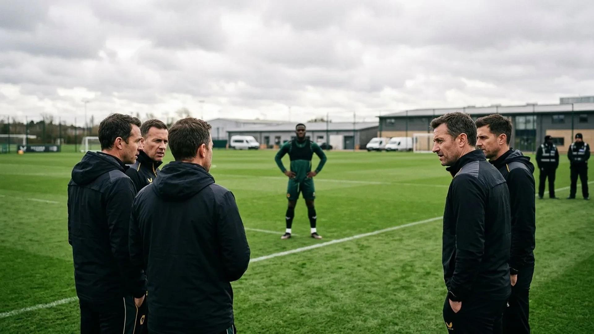 En huddle av trenere ser på en spiller som står på banen med hendene på hoftene.