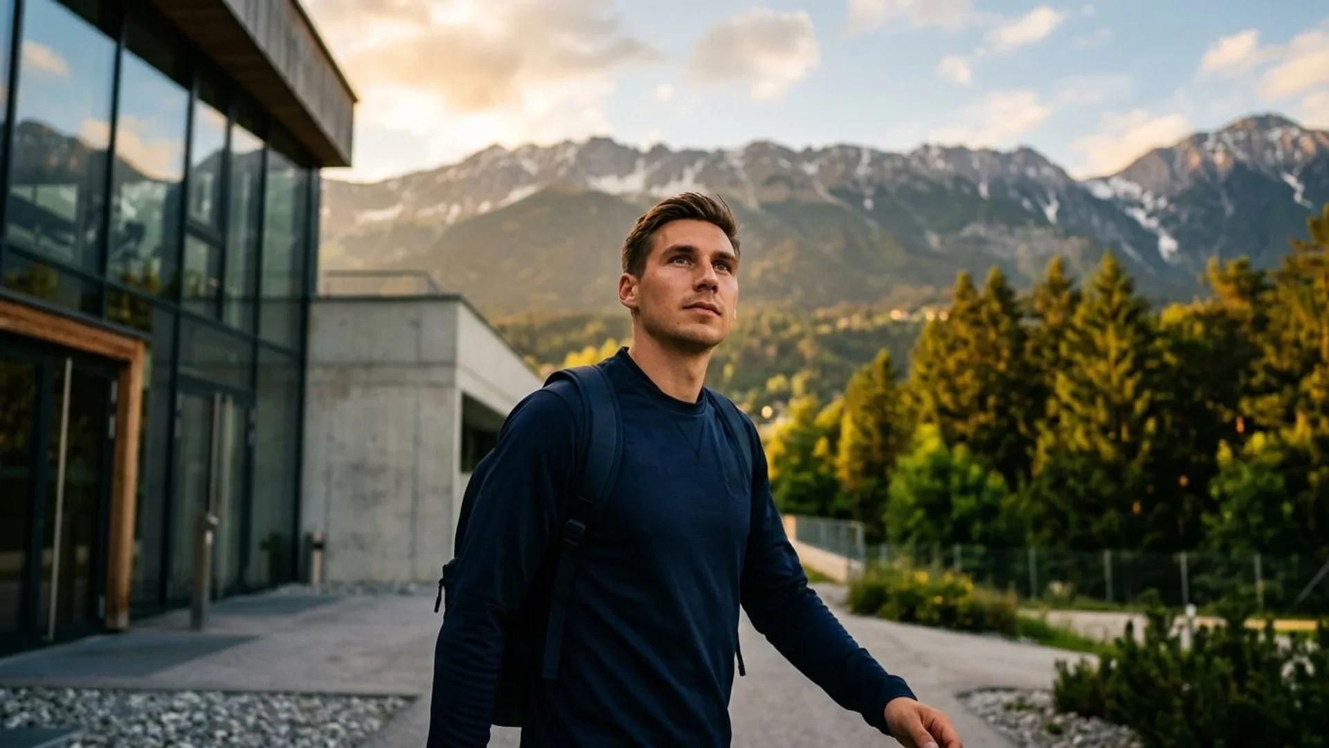 A low-angle view of a focused Maximilian Wöber against the backdrop of Innsbruck mountains during sunset.