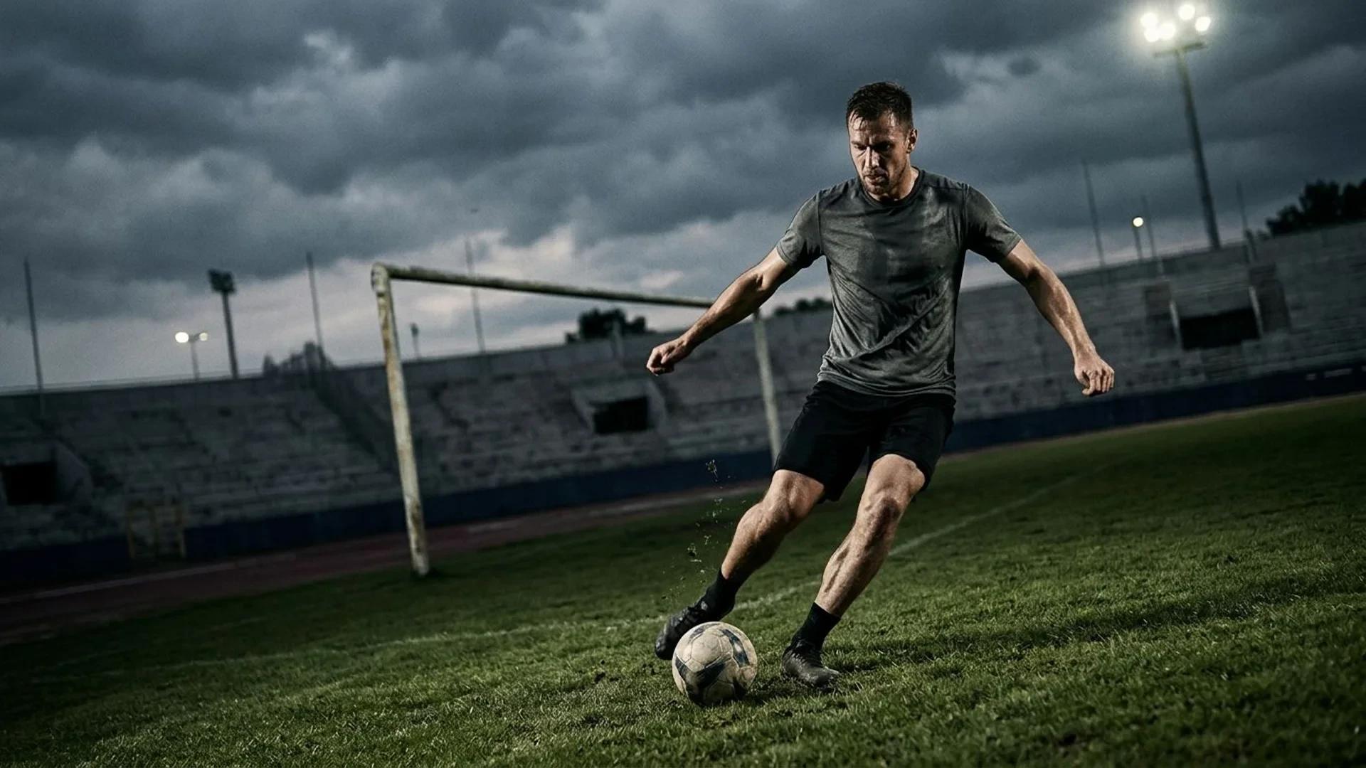 Tomas Chory training alone on a soccer field, captured with a Dutch angle.