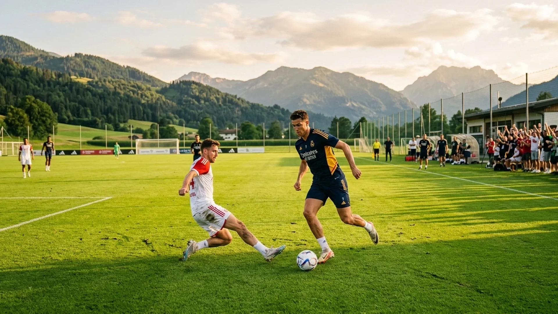 To fotballspillere i aksjon under trening med sollys i bakgrunnen.