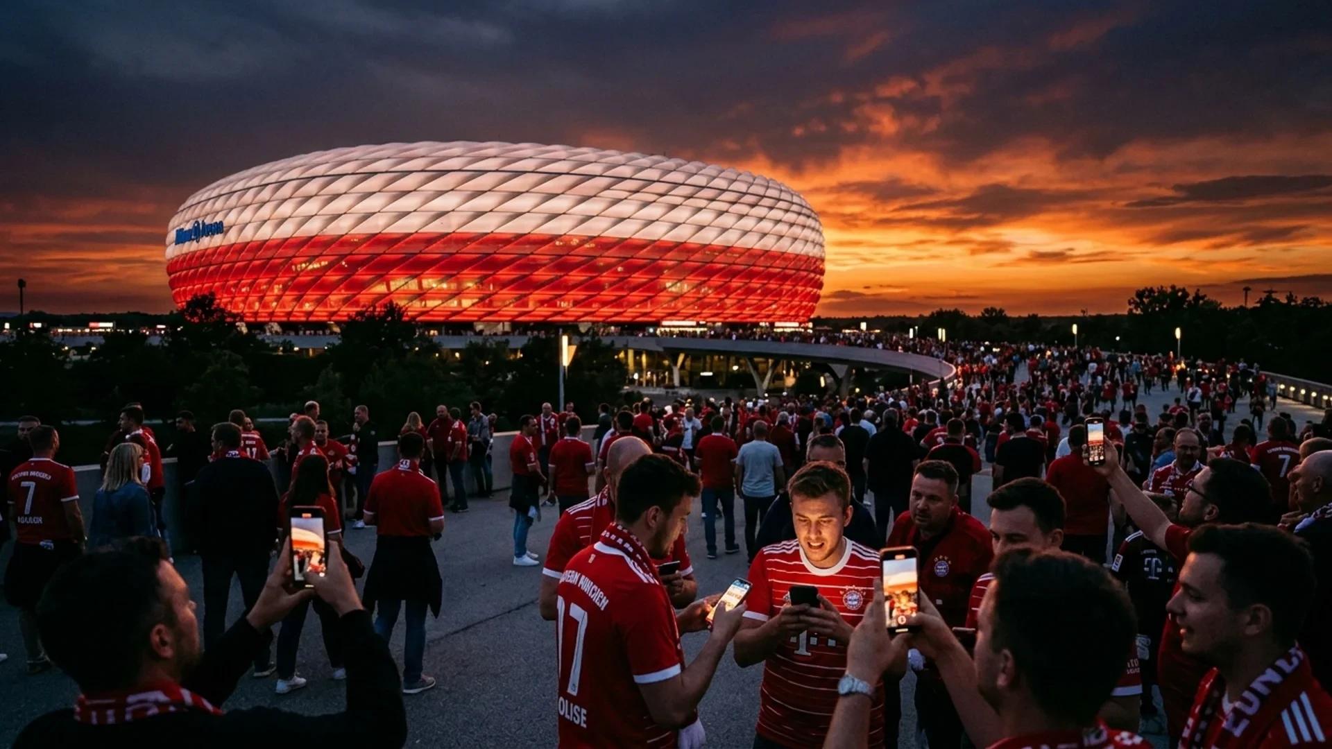A dramatic wide shot of the Allianz Arena at dusk with fans gathered in anticipation.