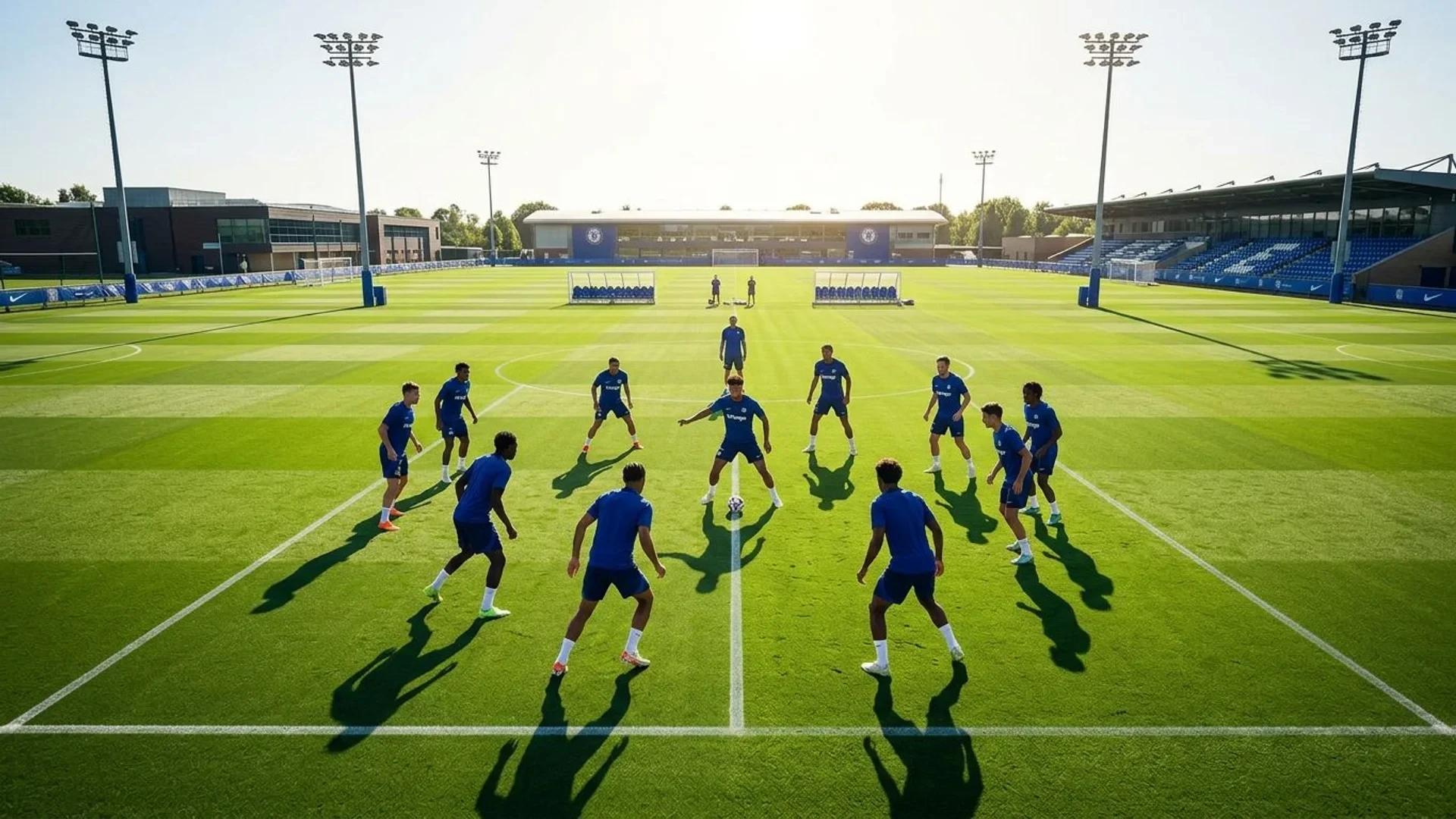 Chelsea football players training under the midday sun, with Morgan Rogers in the foreground.