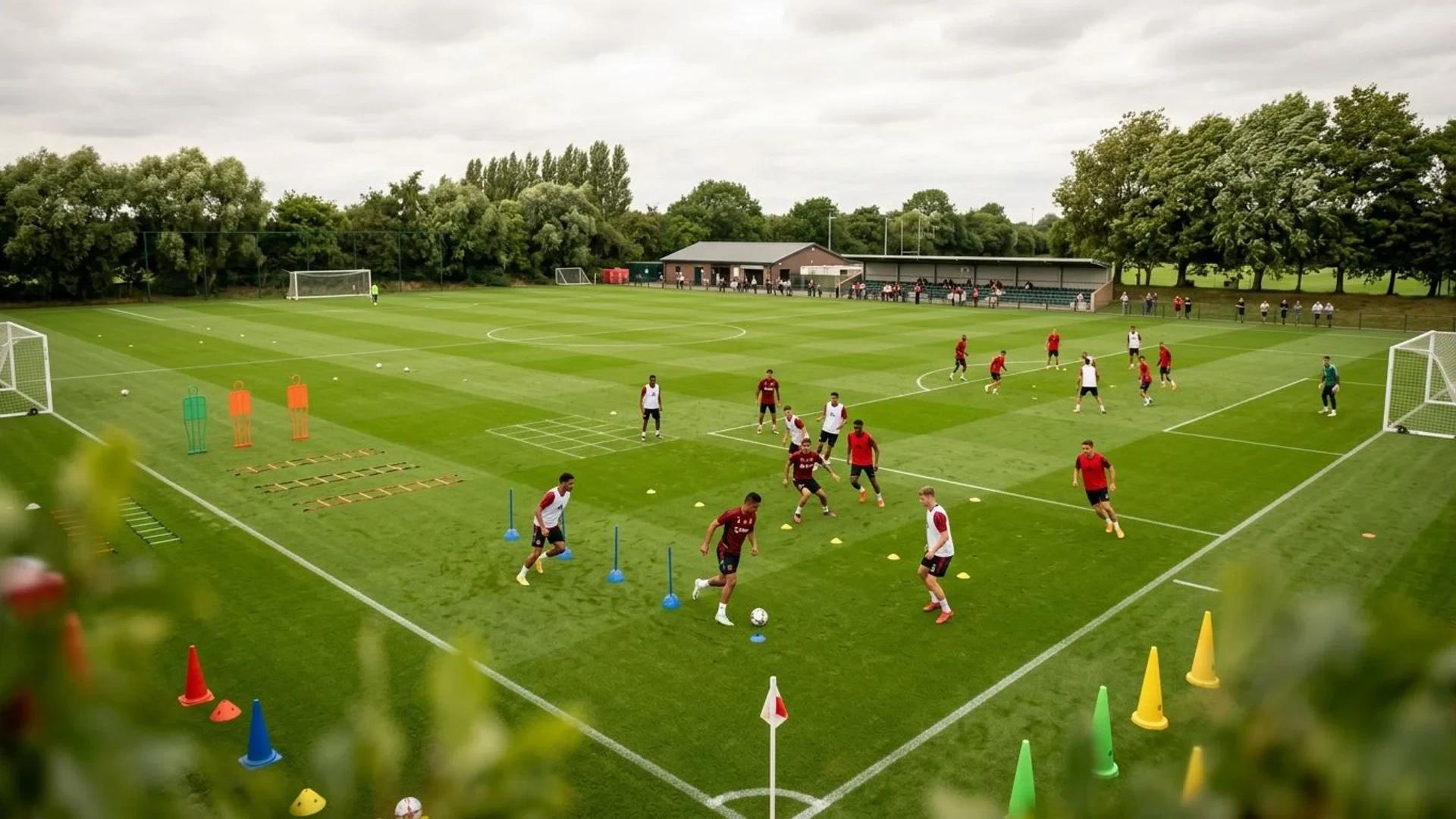 Aerial view of a soccer training ground with Casemiro practicing in the foreground.