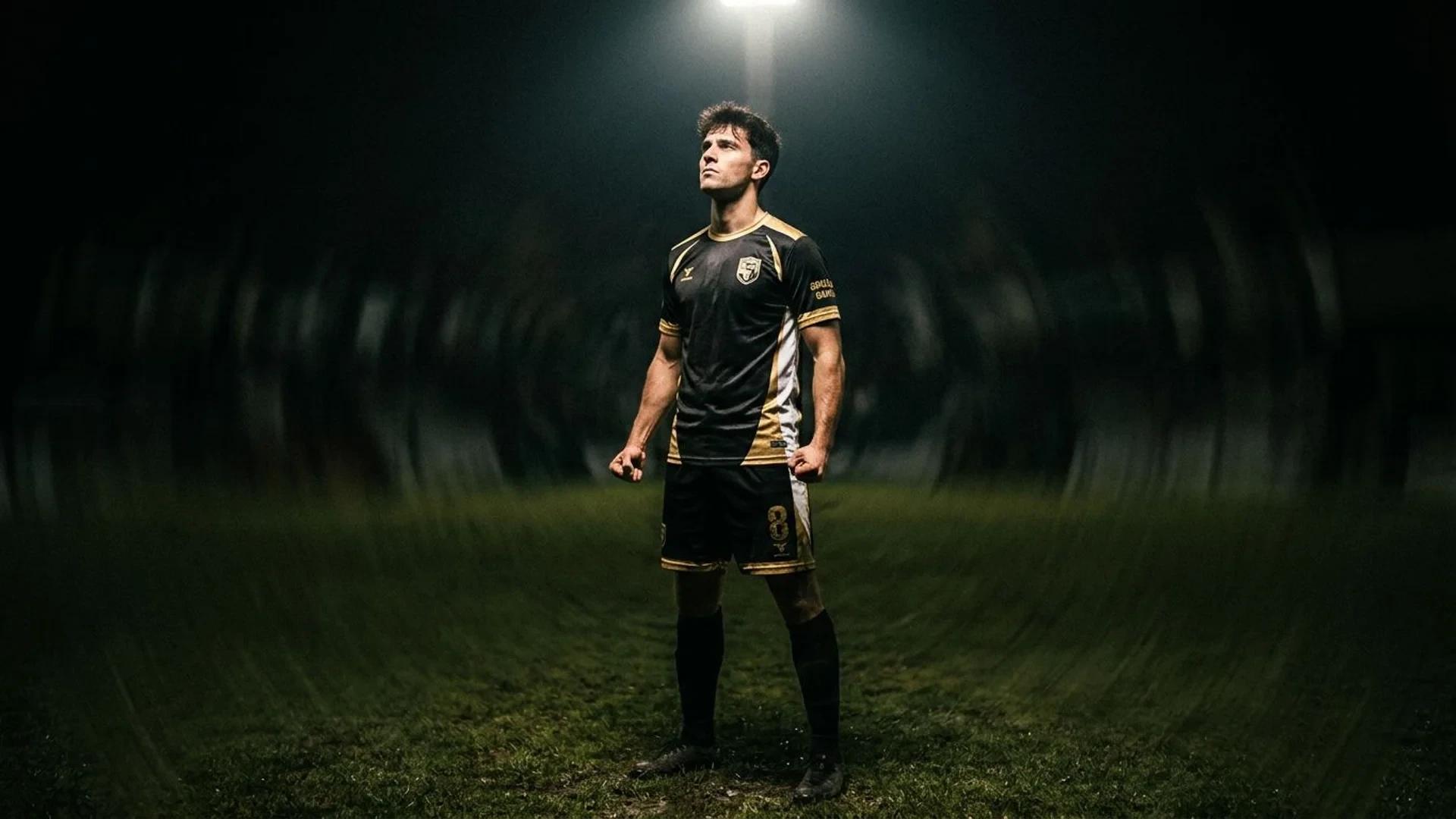 En ung argentinsk fotballspiller under et sterkt spotlight, ser målrettet ut.