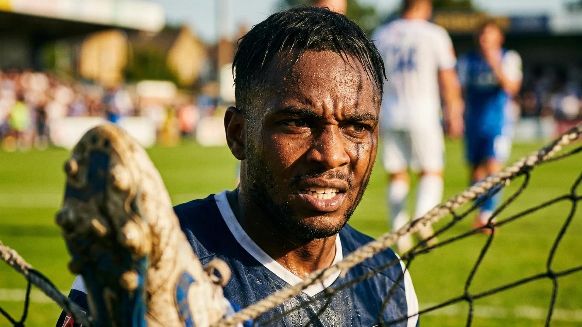 Close-up of a football player sweating under the midday sun on a pitch.