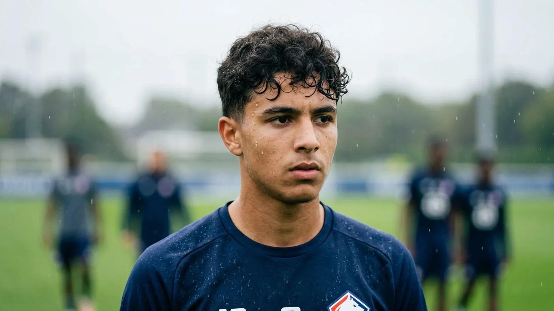Close-up of a young footballer showing determination on a blurred football pitch.
