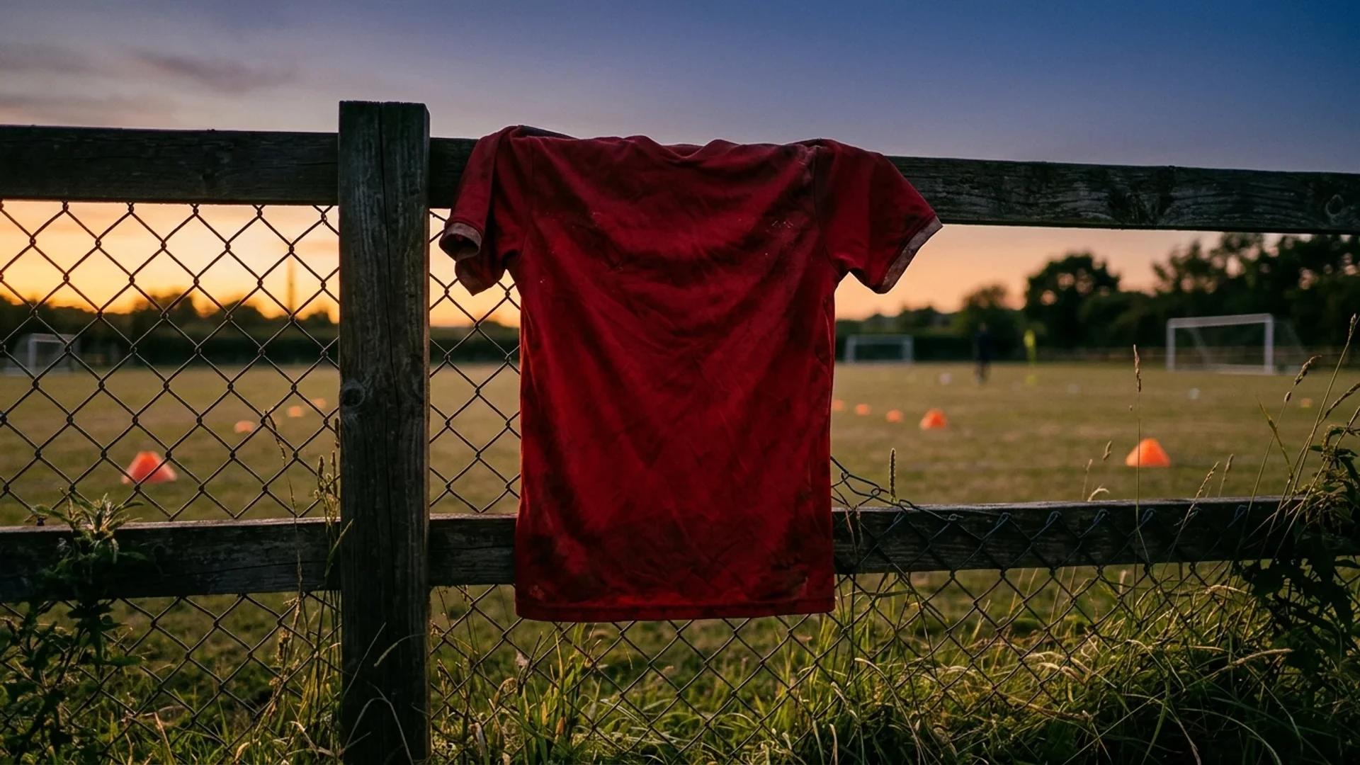 A close-up of an Arsenal jersey hanging on a fence in a training ground at dusk.