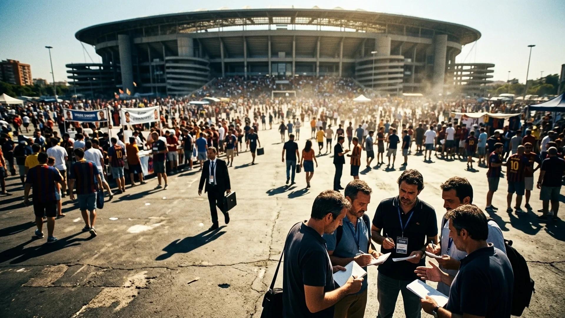 A wide view of a crowded transfer market scene with a group of scouts discussing player transfers.