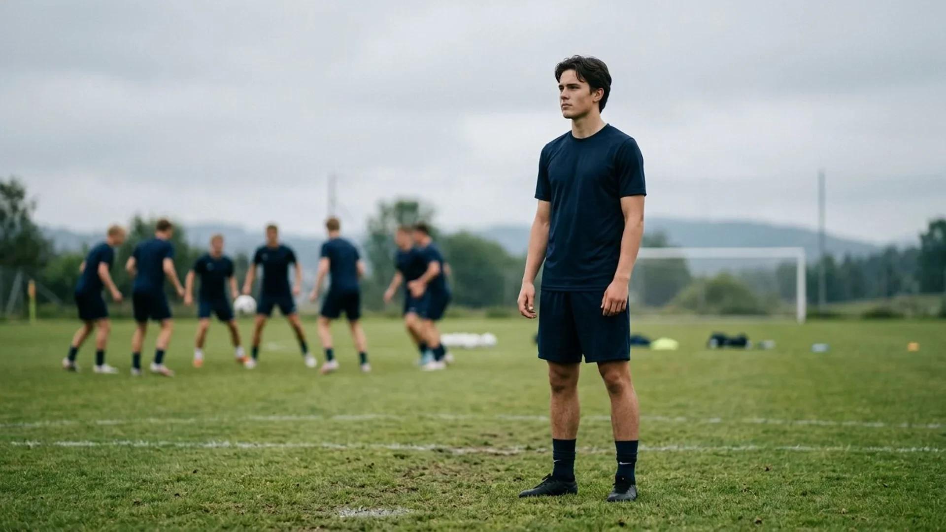 Sverre Nypan stands on an outdoor football pitch, looking contemplative.