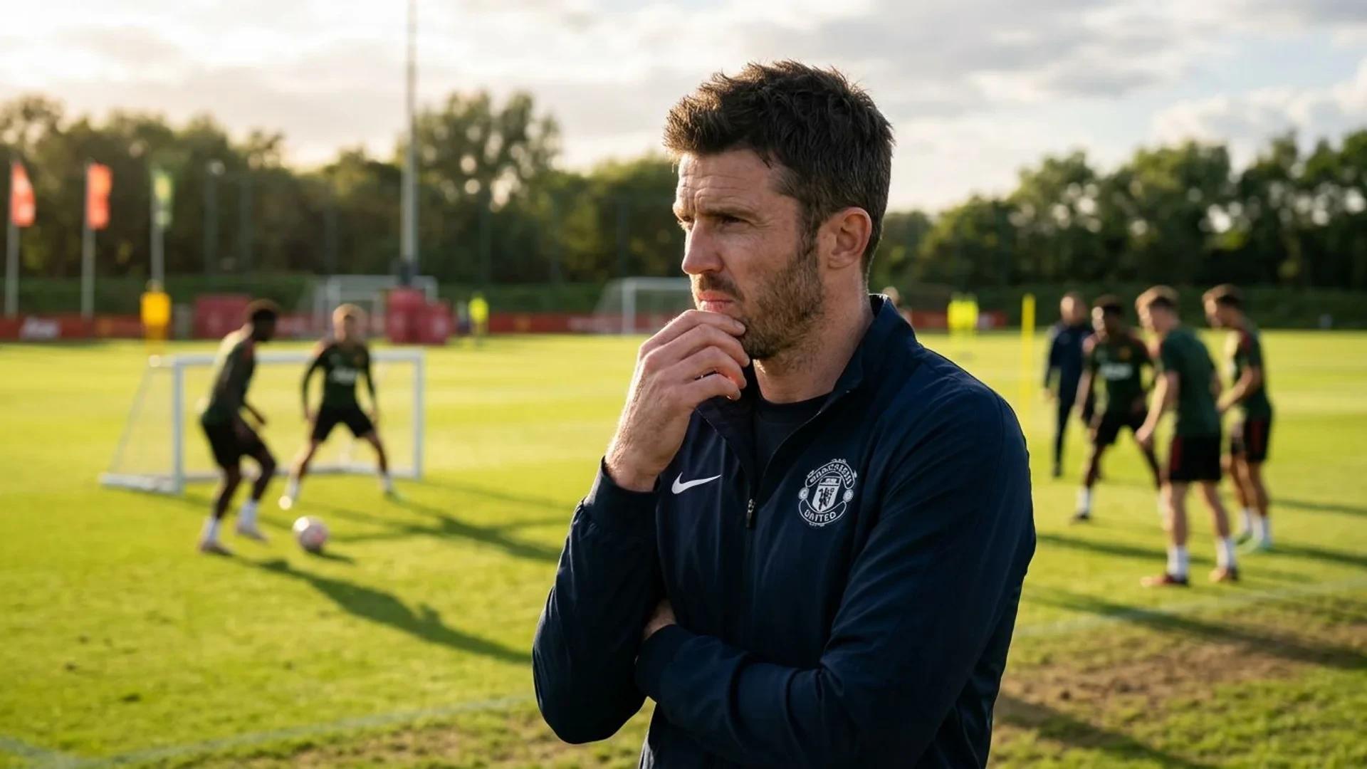 Close-up of Michael Carrick observing training at Manchester United's training ground.