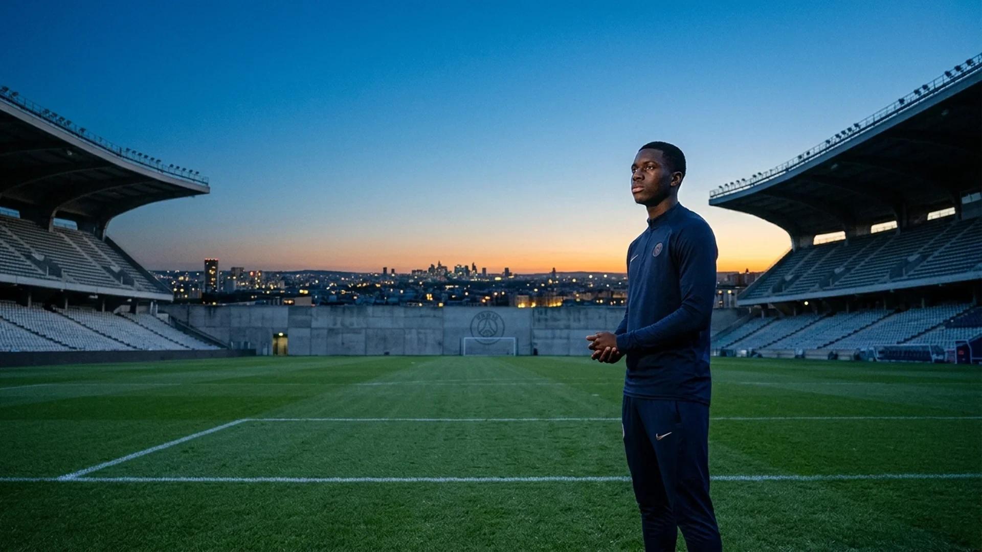 A young footballer gazing toward a city skyline at dusk.
