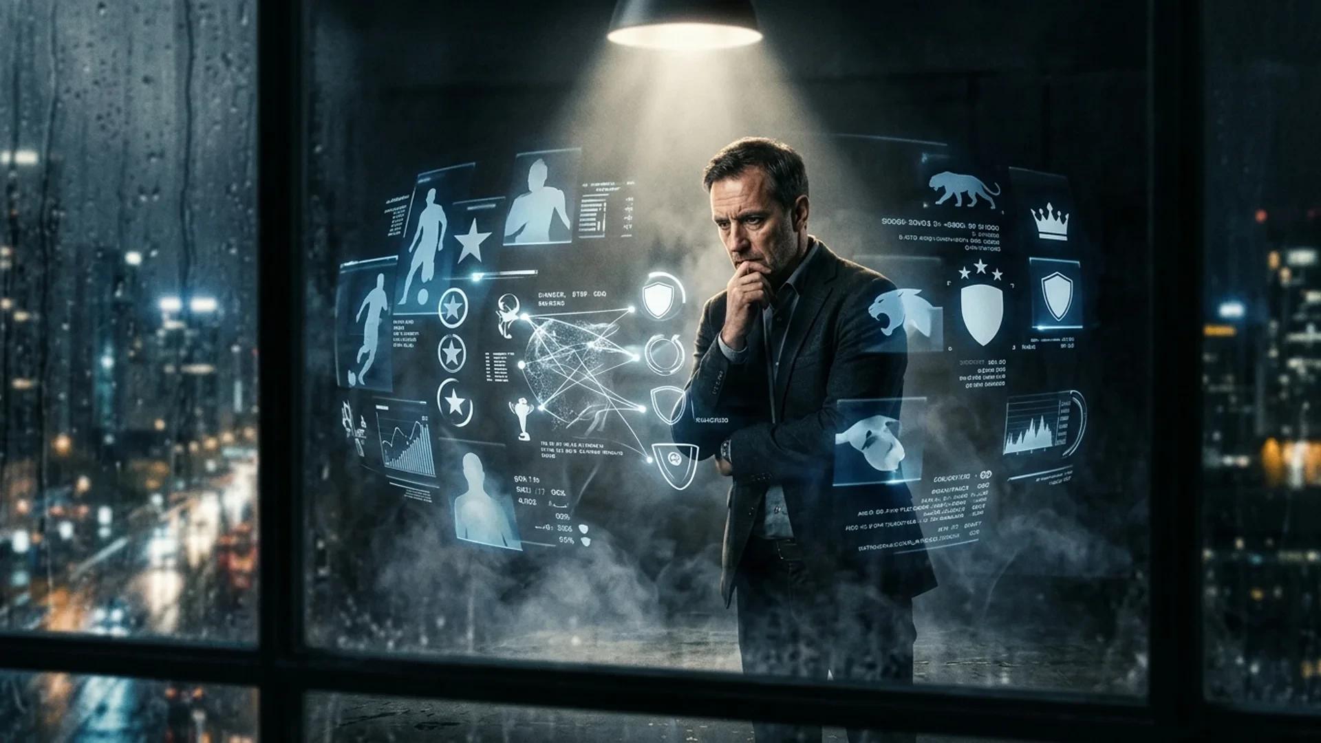A focused sports analyst stands in a dim room, surrounded by holographic images of football transfer news.