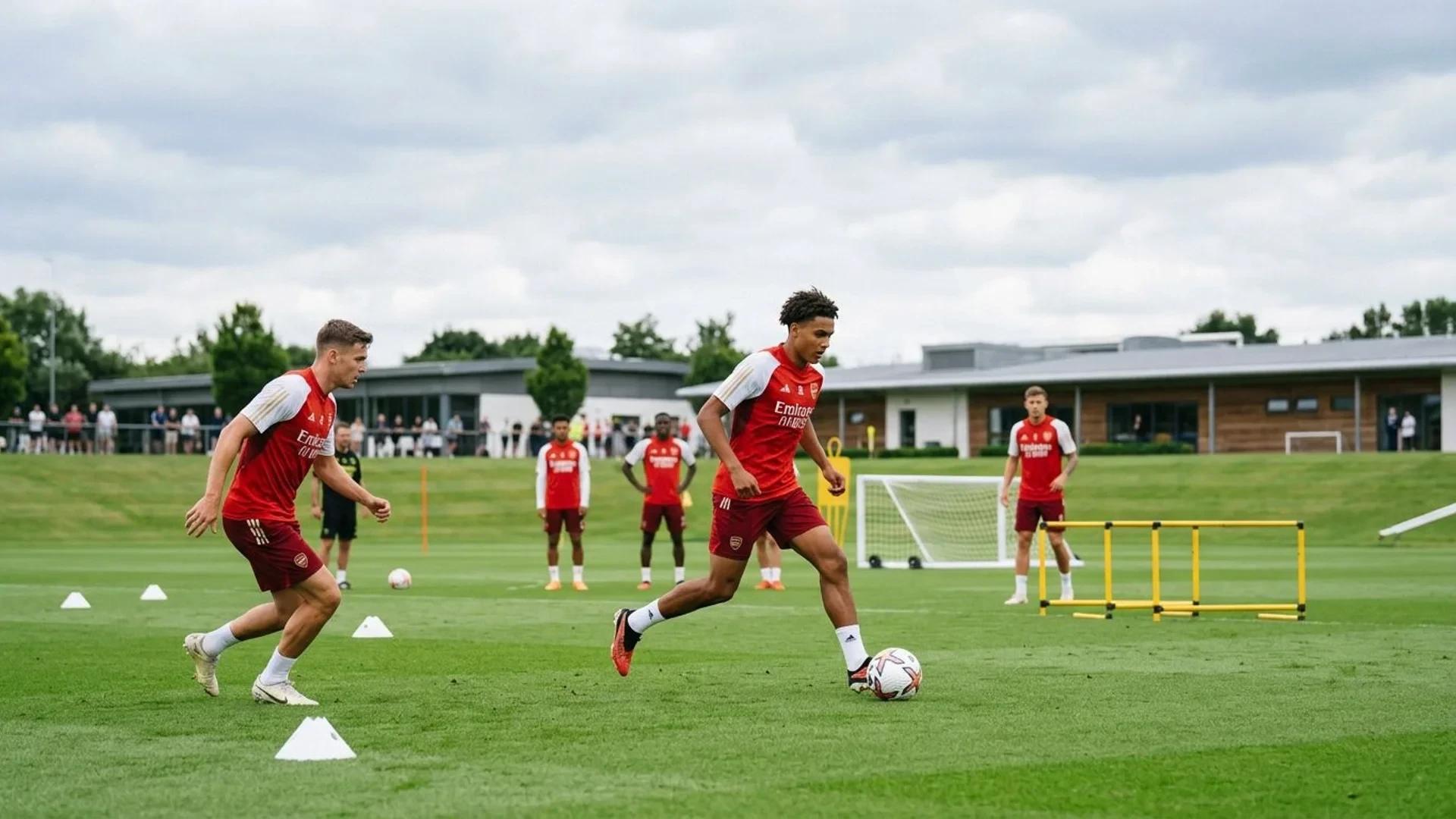 En gruppe fotballspillere i Arsenal-drakter trener på en grønn bane under en overskyet himmel.
